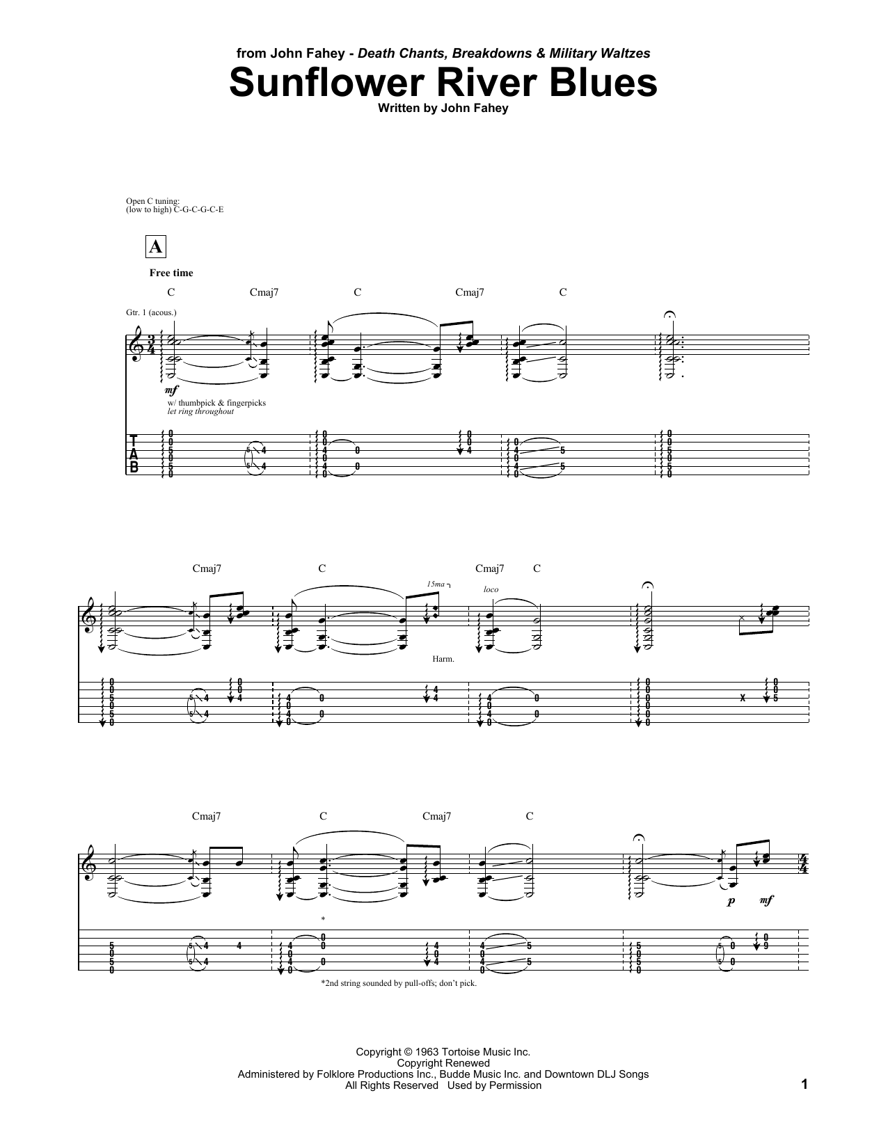 Download John Fahey Sunflower River Blues Sheet Music and learn how to play Guitar Tab PDF digital score in minutes