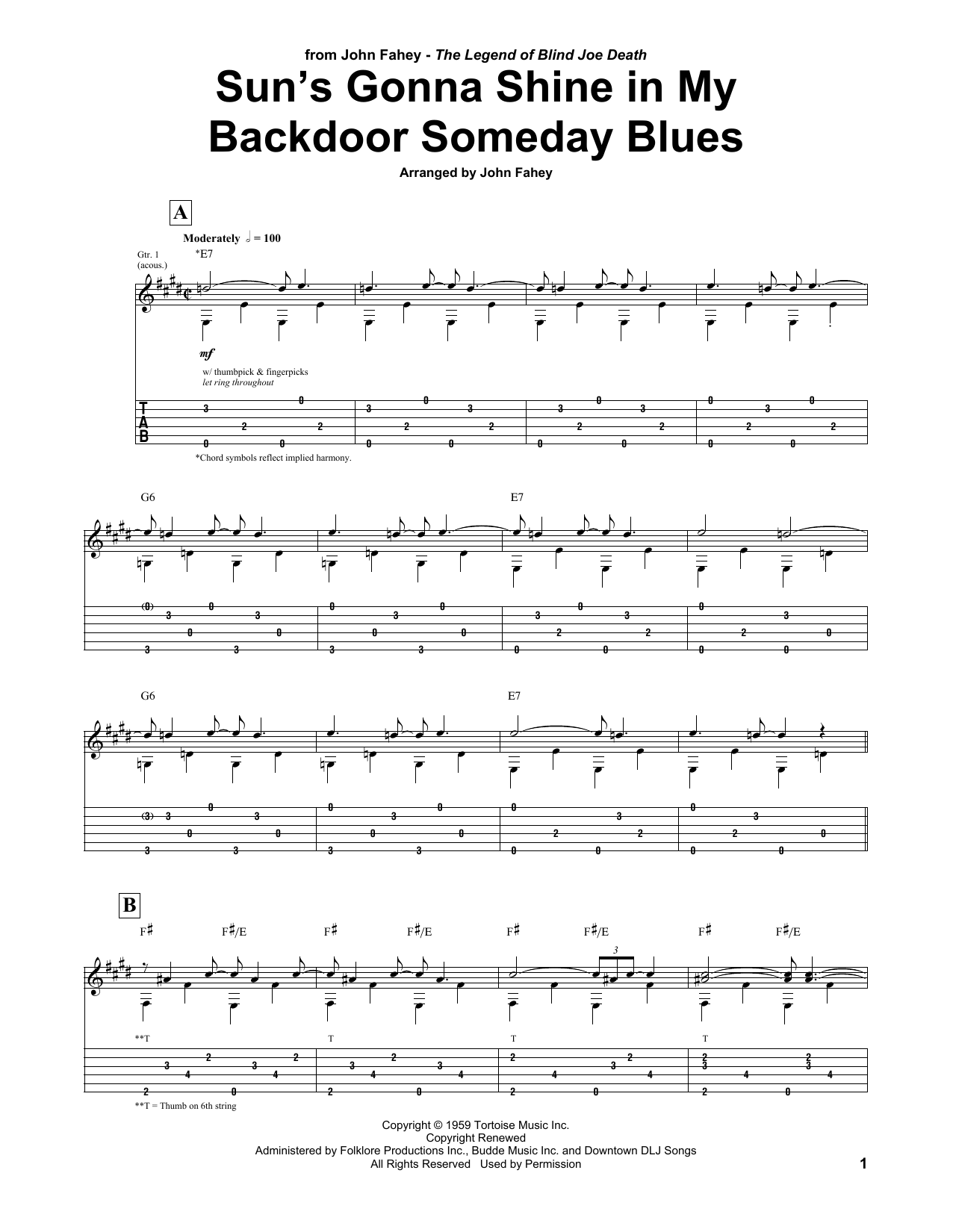 Download John Fahey Sun's Gonna Shine In My Backdoor Someday Blues Sheet Music and learn how to play Guitar Tab PDF digital score in minutes