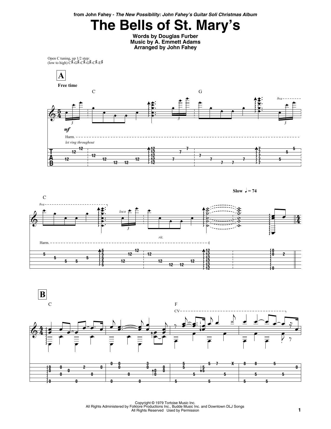 Download John Fahey The Bells Of St. Mary's Sheet Music and learn how to play Guitar Tab PDF digital score in minutes