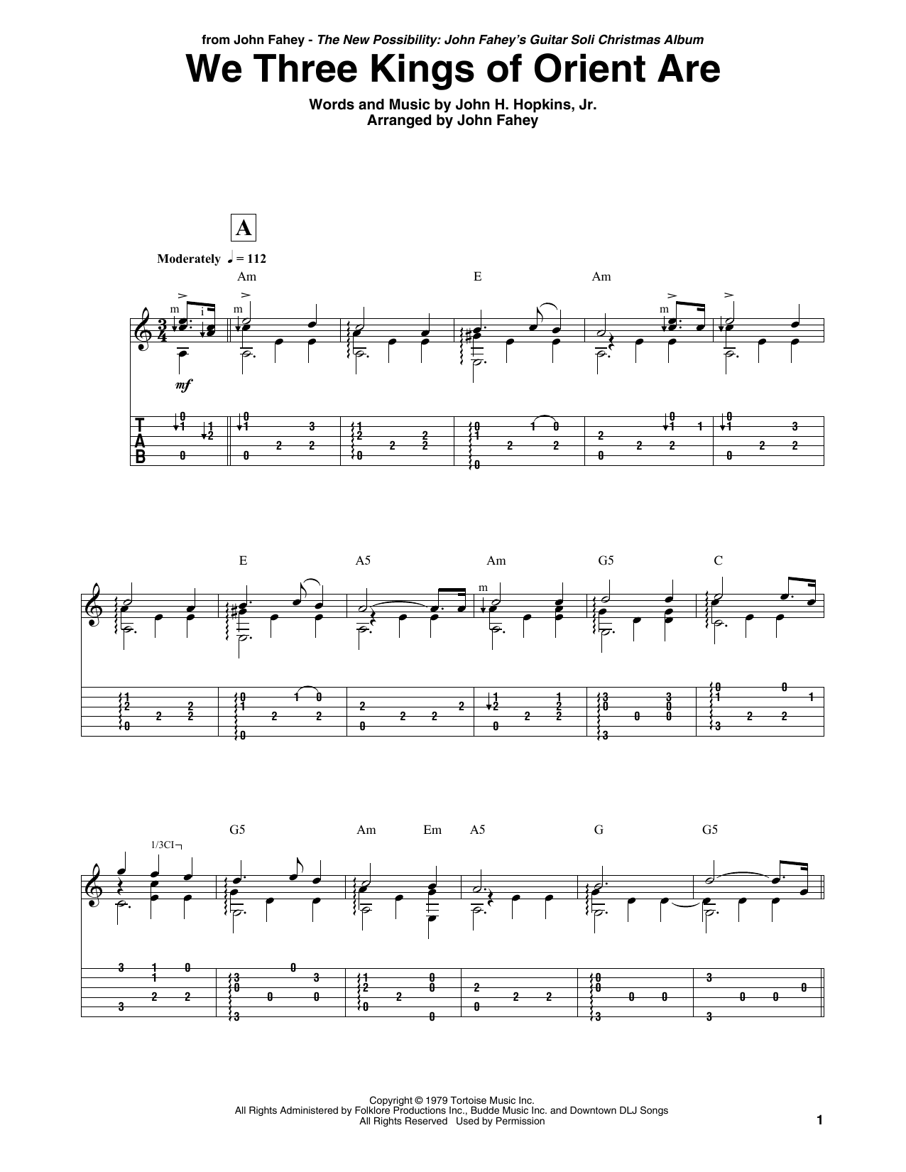 Download John Fahey We Three Kings Of Orient Are Sheet Music and learn how to play Guitar Tab PDF digital score in minutes