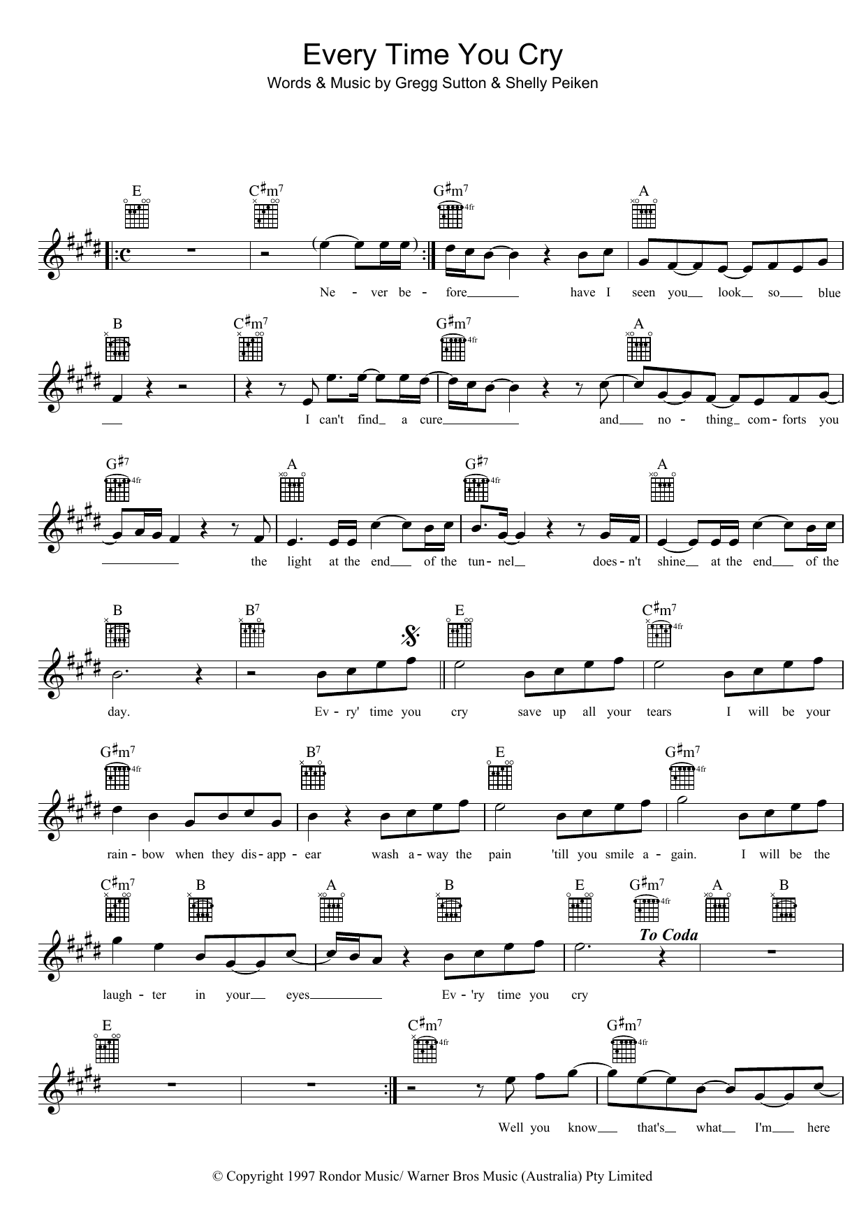 Download John Farnham Every Time You Cry Sheet Music and learn how to play Melody Line, Lyrics & Chords PDF digital score in minutes