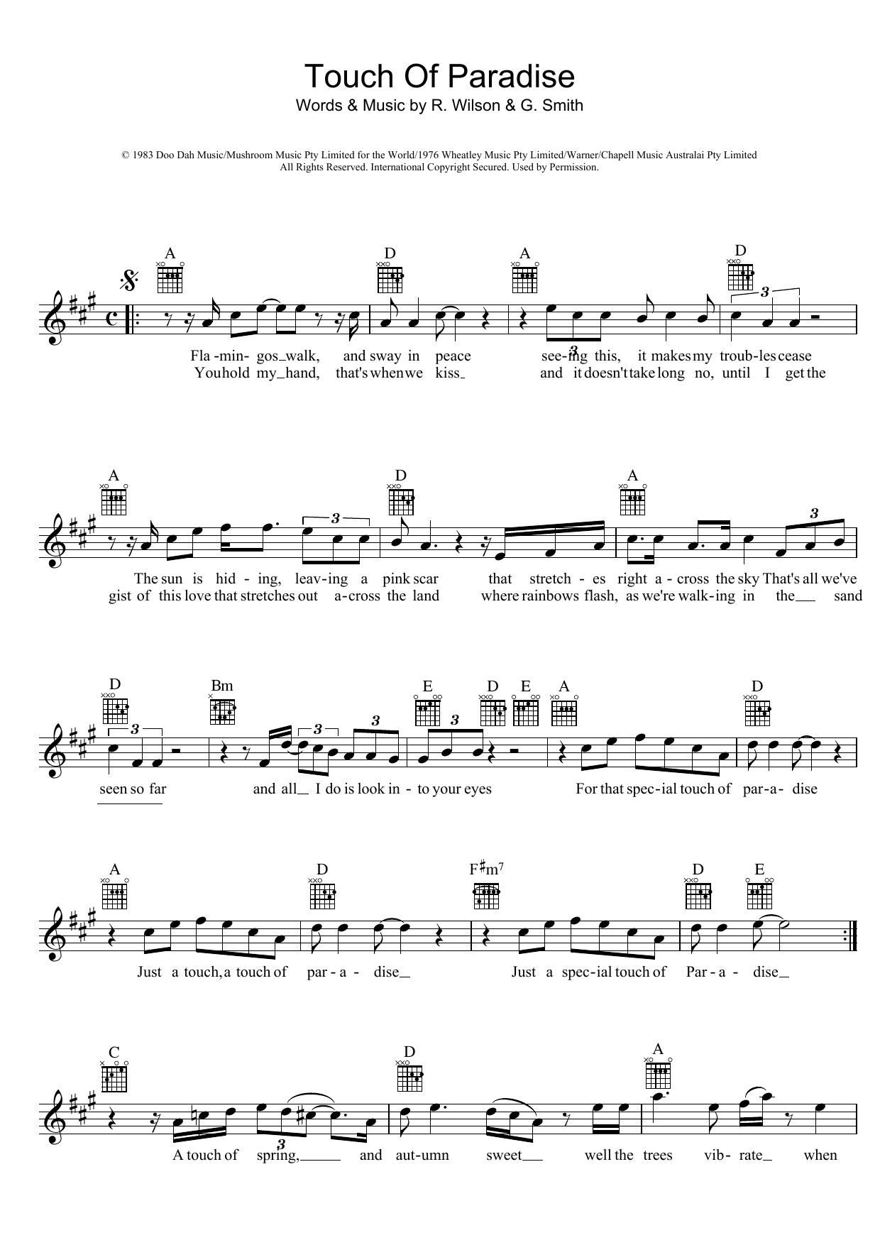 Download John Farnham Touch Of Paradise Sheet Music and learn how to play Melody Line, Lyrics & Chords PDF digital score in minutes