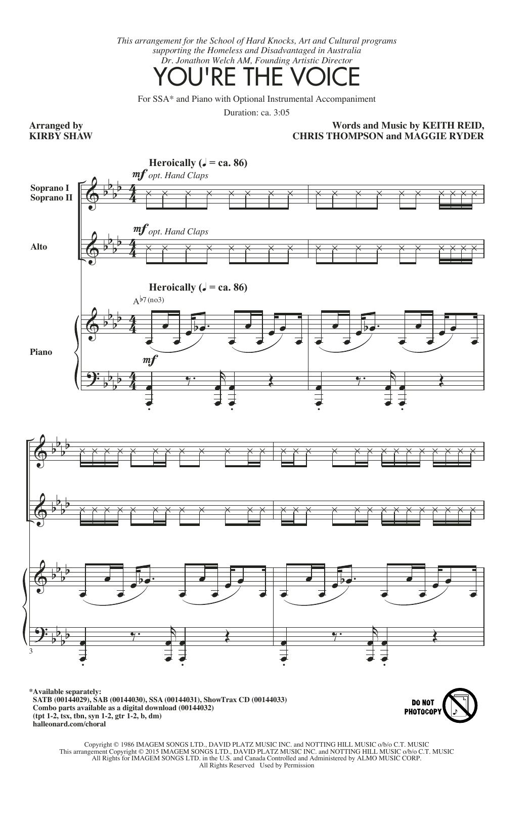 Download John Farnham You're The Voice (arr. Kirby Shaw) Sheet Music and learn how to play SAB PDF digital score in minutes