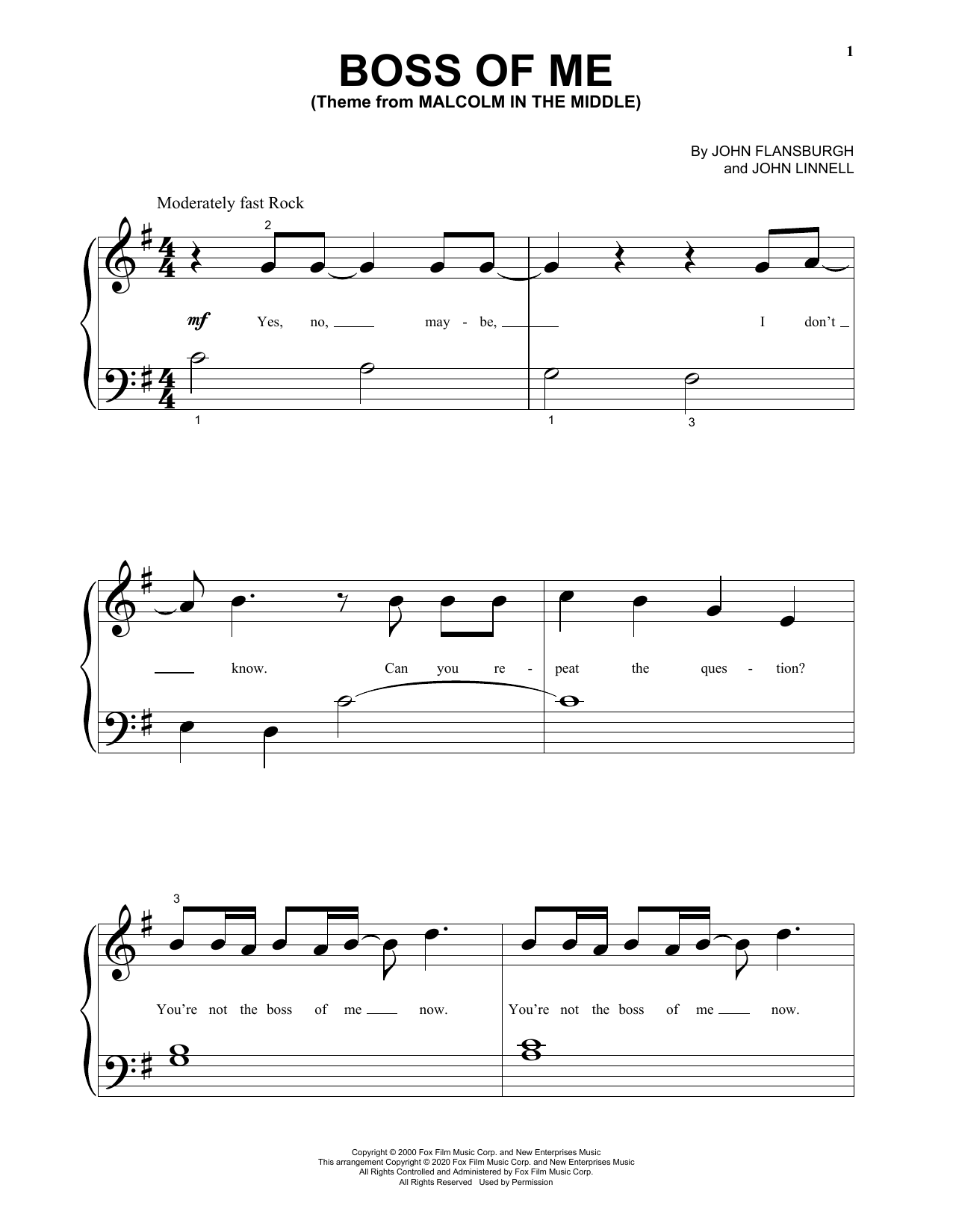 Download John Flansburgh & John Linnell Boss Of Me (Theme From Malcolm In The Middle) Sheet Music and learn how to play Big Note Piano PDF digital score in minutes
