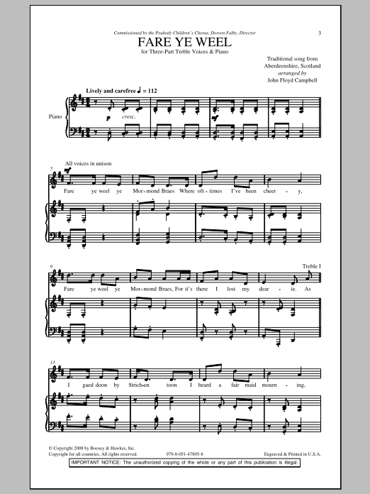 Download John Floyd Campbell Fare Ye Weel Sheet Music and learn how to play 3-Part Treble PDF digital score in minutes