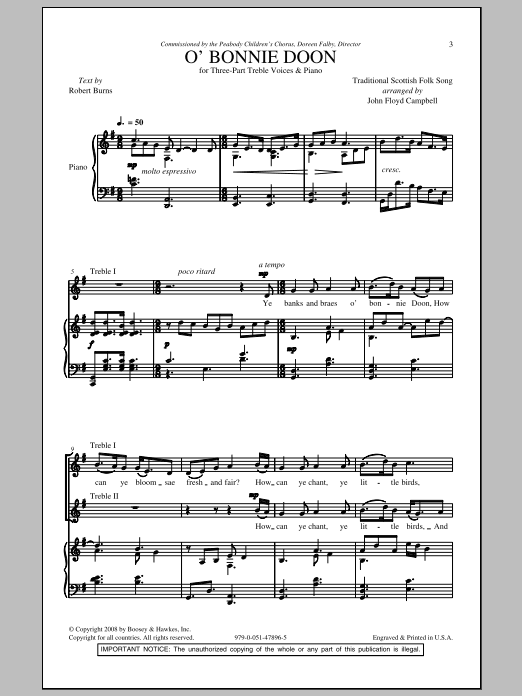 Download John Floyd Campbell O' Bonnie Doon Sheet Music and learn how to play 3-Part Treble PDF digital score in minutes