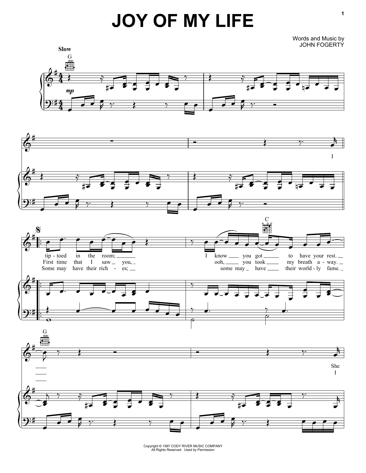 Download John Fogerty Joy Of My Life Sheet Music and learn how to play Piano, Vocal & Guitar Chords (Right-Hand Melody) PDF digital score in minutes