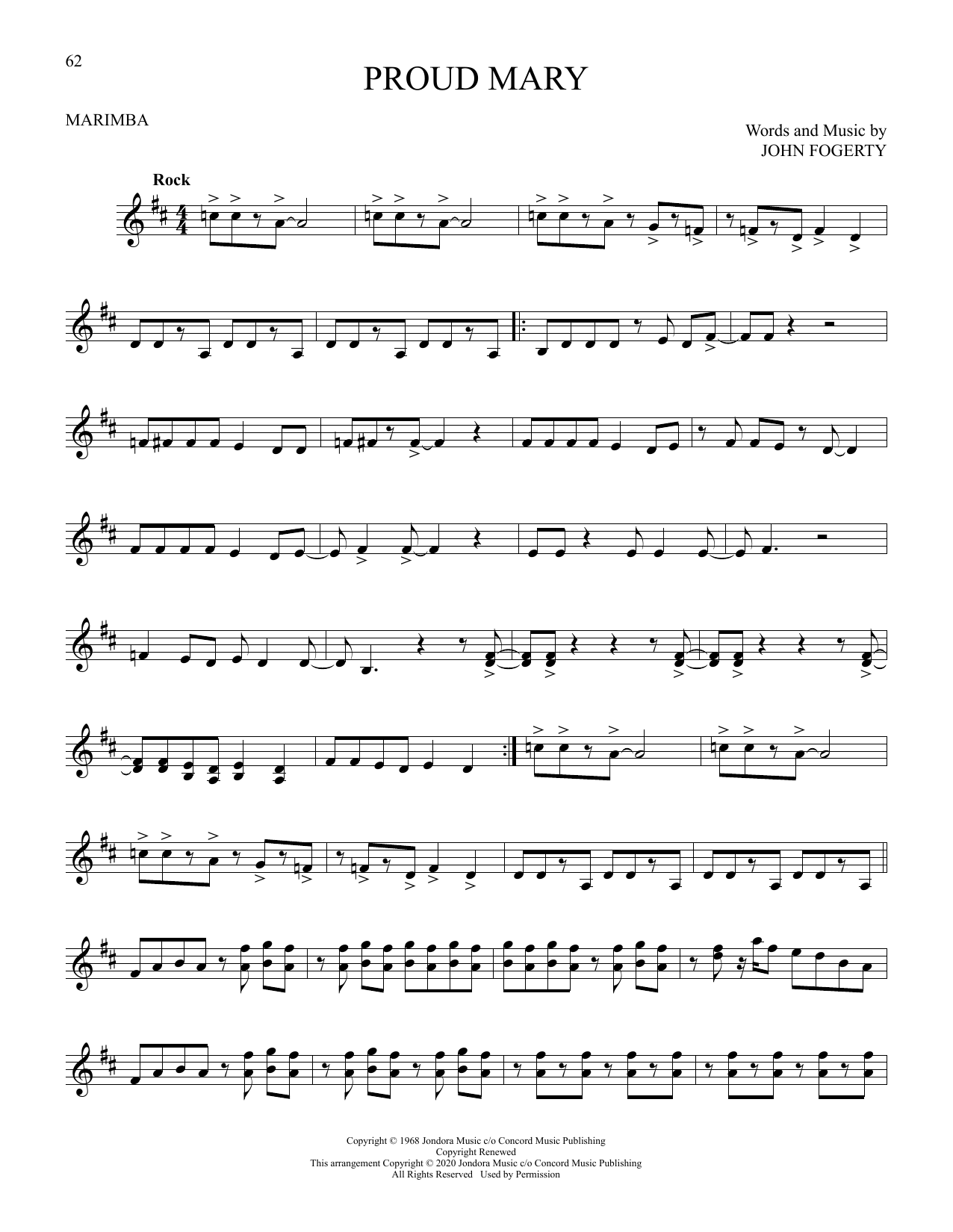 Download John Fogerty Proud Mary Sheet Music and learn how to play Marimba Solo PDF digital score in minutes