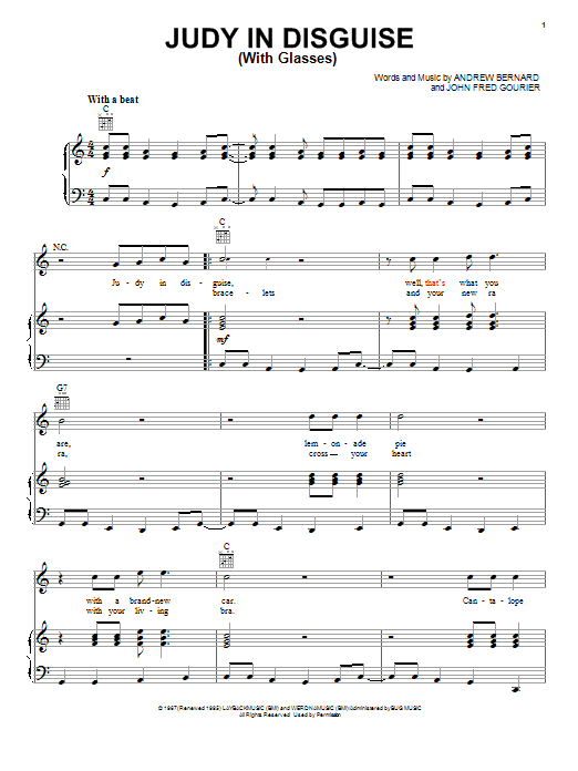 Download John Fred & His Playboy Band Judy In Disguise (With Glasses) Sheet Music and learn how to play Piano, Vocal & Guitar (Right-Hand Melody) PDF digital score in minutes