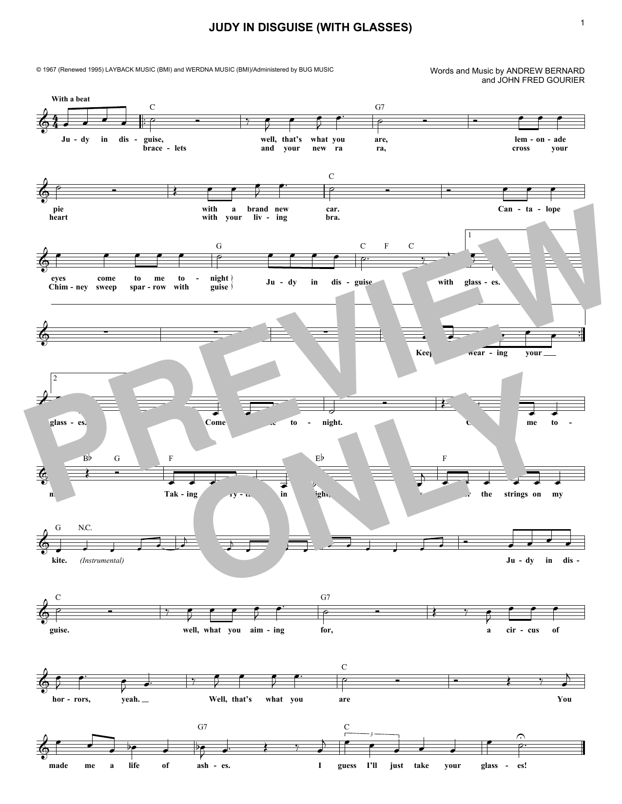 Download John Fred Gourier Judy In Disguise (With Glasses) Sheet Music and learn how to play Melody Line, Lyrics & Chords PDF digital score in minutes