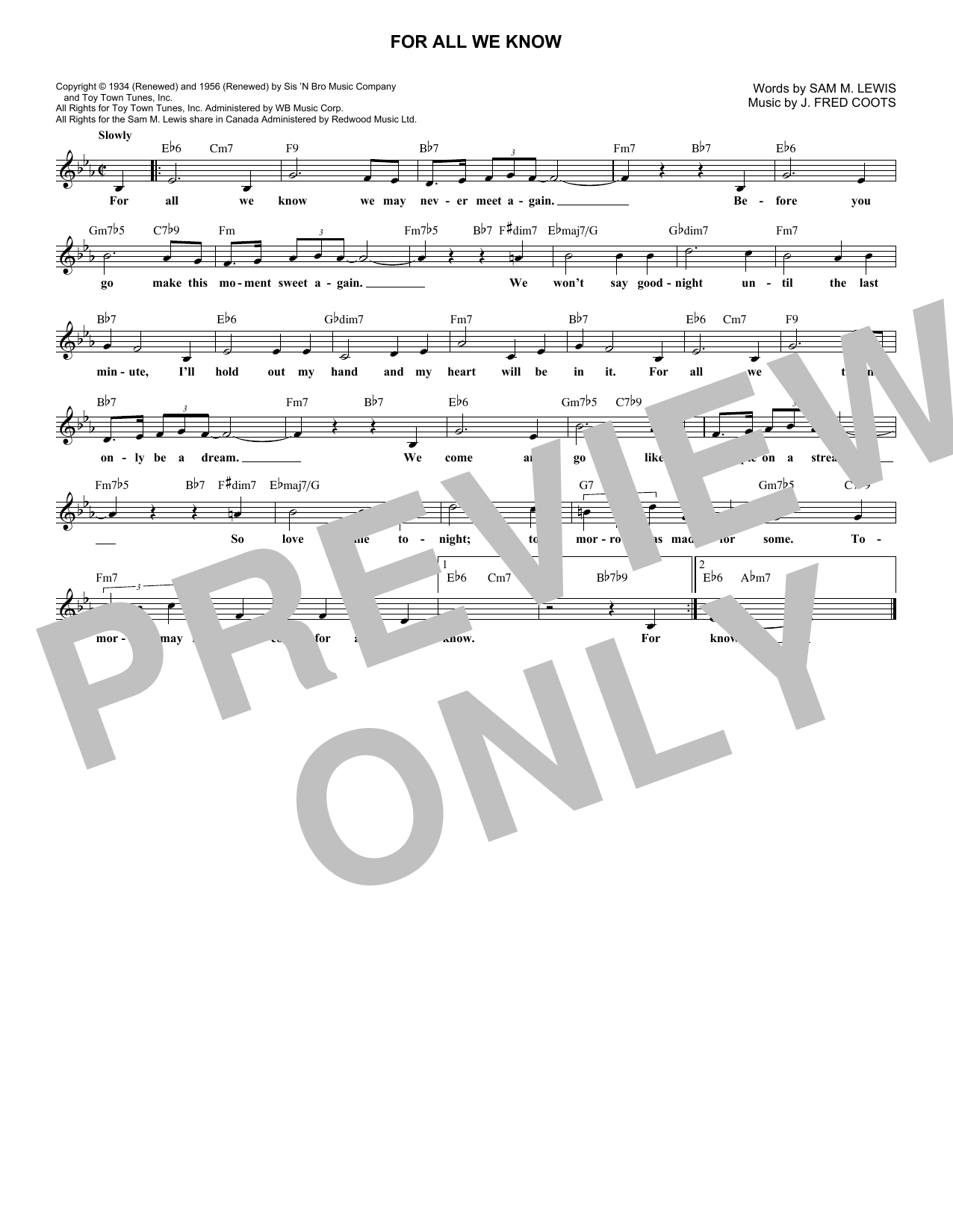 Download J. Fred Coots For All We Know Sheet Music and learn how to play Melody Line, Lyrics & Chords PDF digital score in minutes