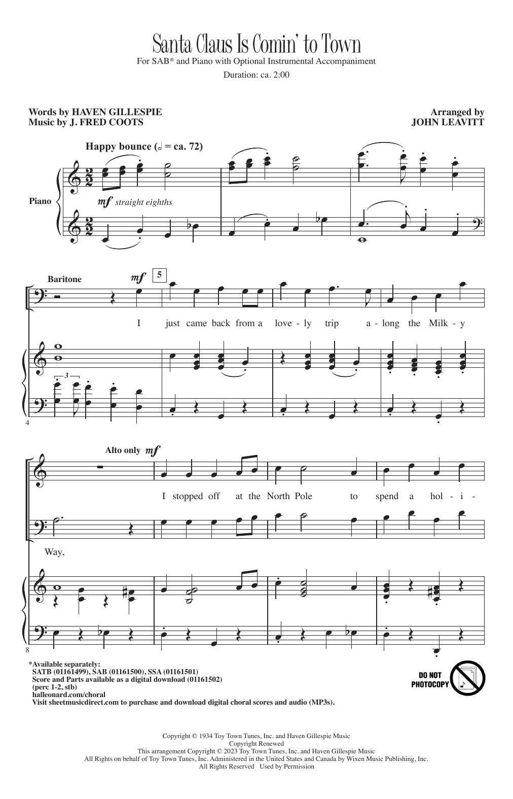Download J. Fred Coots Santa Claus Is Comin' To Town (arr. John Leavitt) Sheet Music and learn how to play SAB Choir PDF digital score in minutes