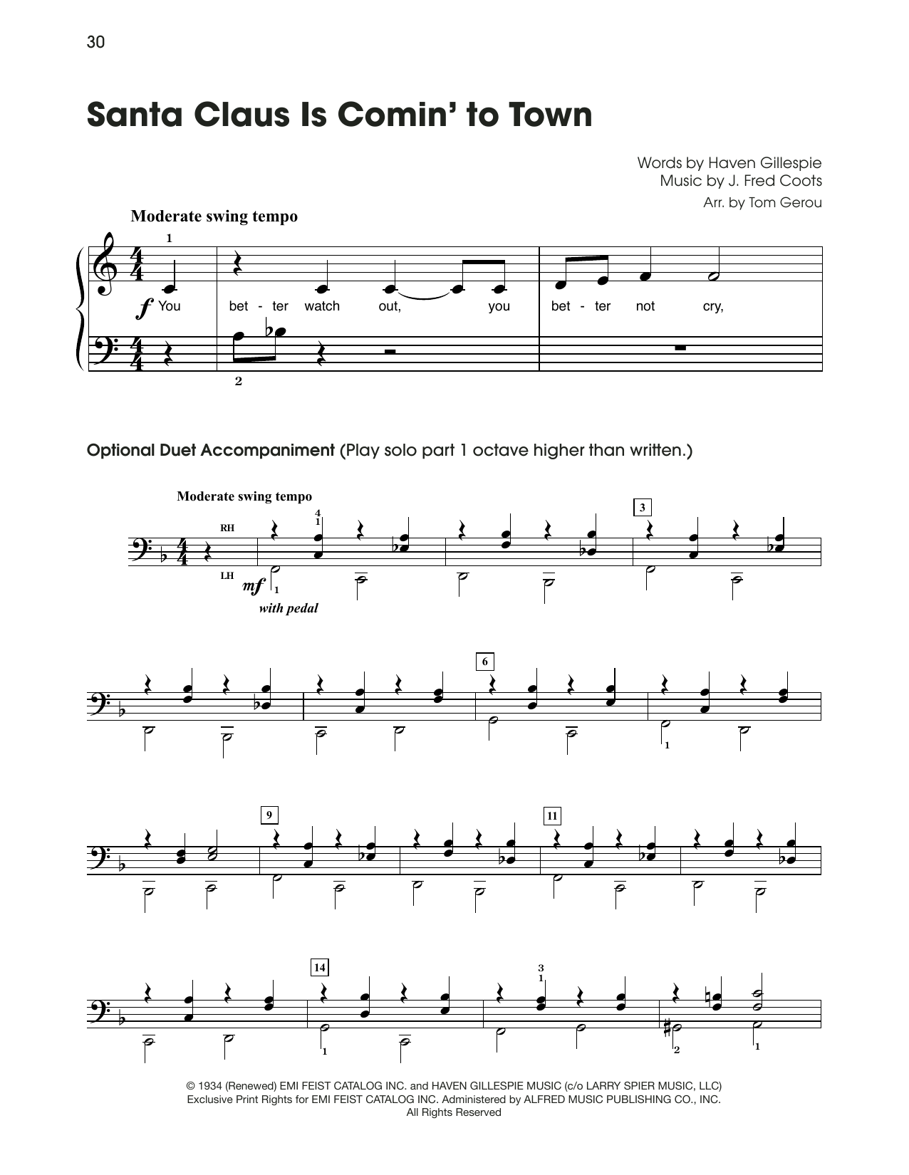 Download J. Fred Coots Santa Claus Is Comin' To Town (arr. Tom Gerou) Sheet Music and learn how to play 5-Finger Piano PDF digital score in minutes