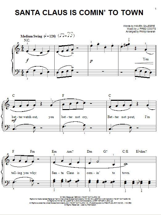 Download J. Fred Coots Santa Claus Is Comin' To Town Sheet Music and learn how to play Easy Piano PDF digital score in minutes