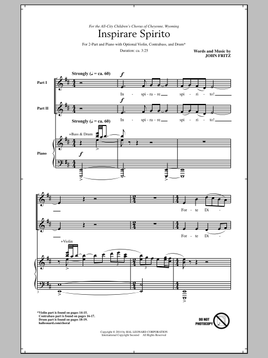 Download John Fritz Inspirare Spirito Sheet Music and learn how to play 2-Part Choir PDF digital score in minutes