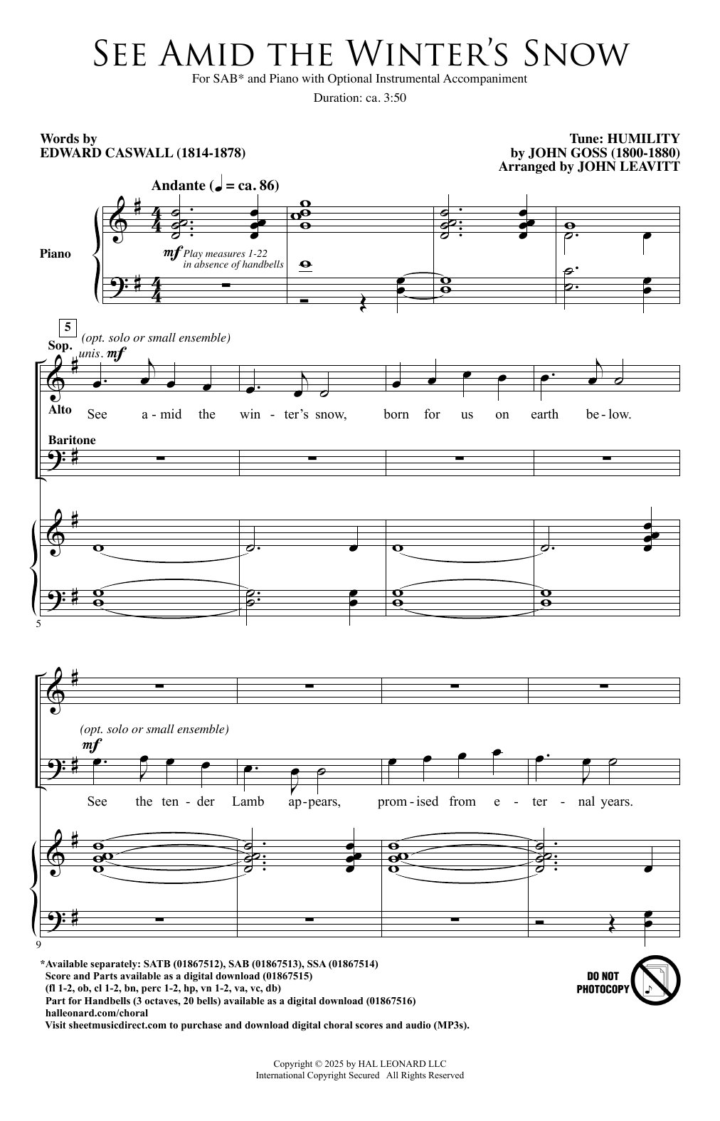 Download John Goss See Amid The Winter's Snow (arr. John Leavitt) Sheet Music and learn how to play SATB Choir PDF digital score in minutes