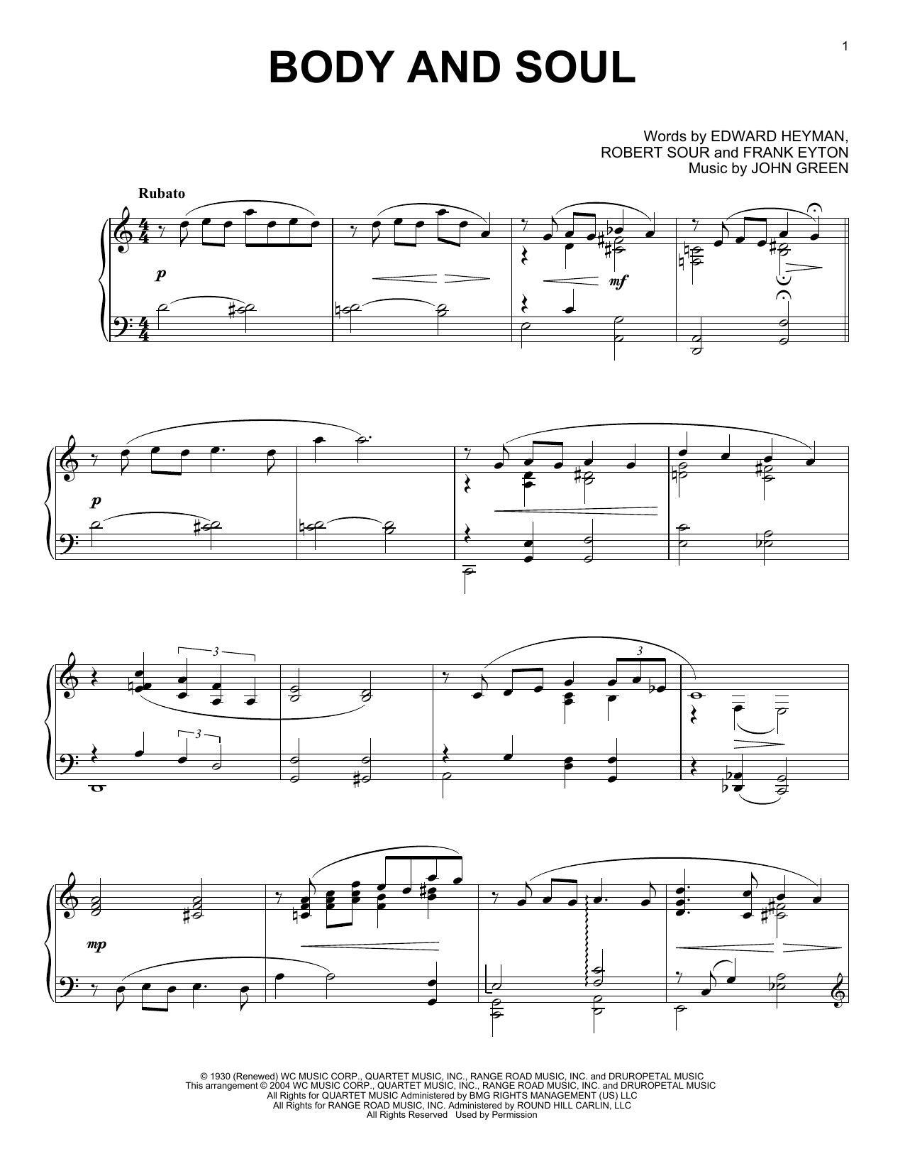 Download Edward Heyman Body And Soul Sheet Music and learn how to play Piano PDF digital score in minutes