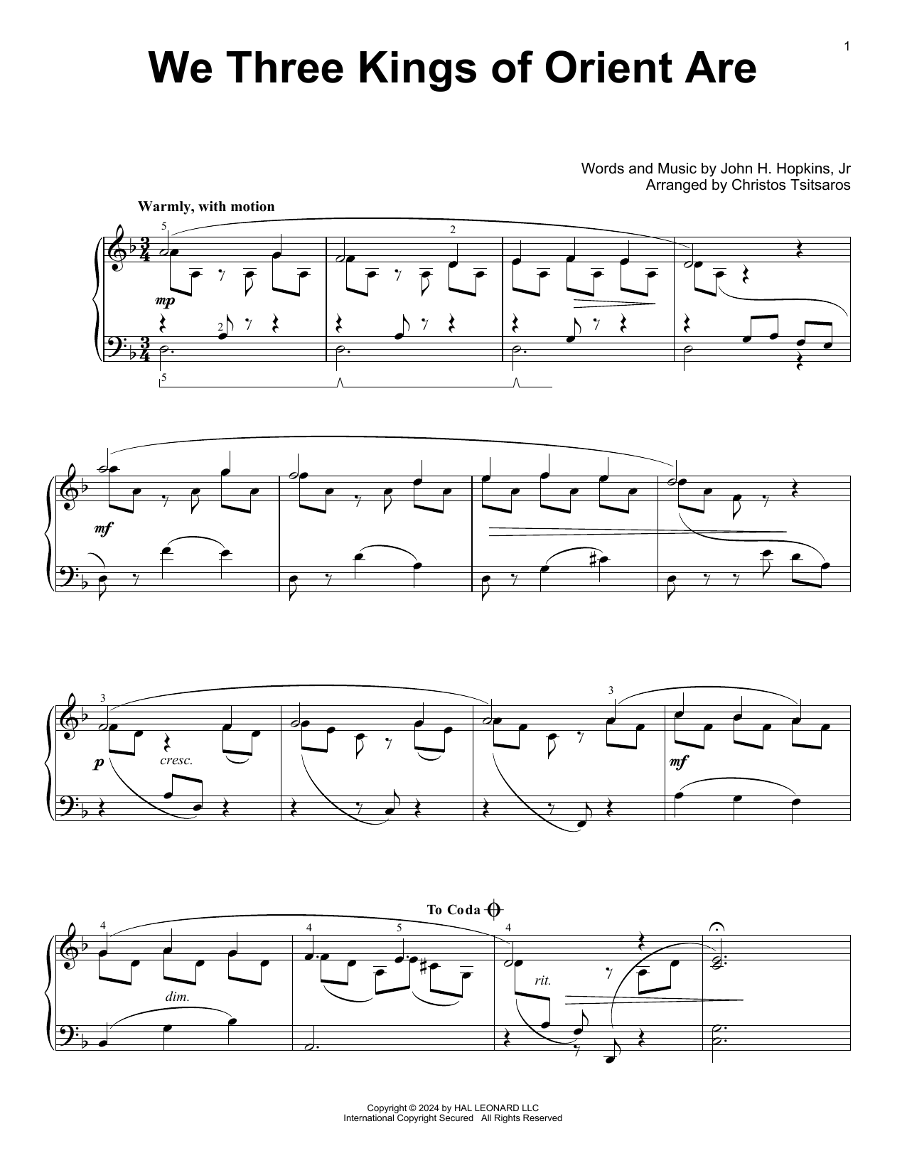 Download John H. Hopkins, Jr. We Three Kings Of Orient Are (arr. Christos Tsitsaros) Sheet Music and learn how to play Easy Piano Solo PDF digital score in minutes