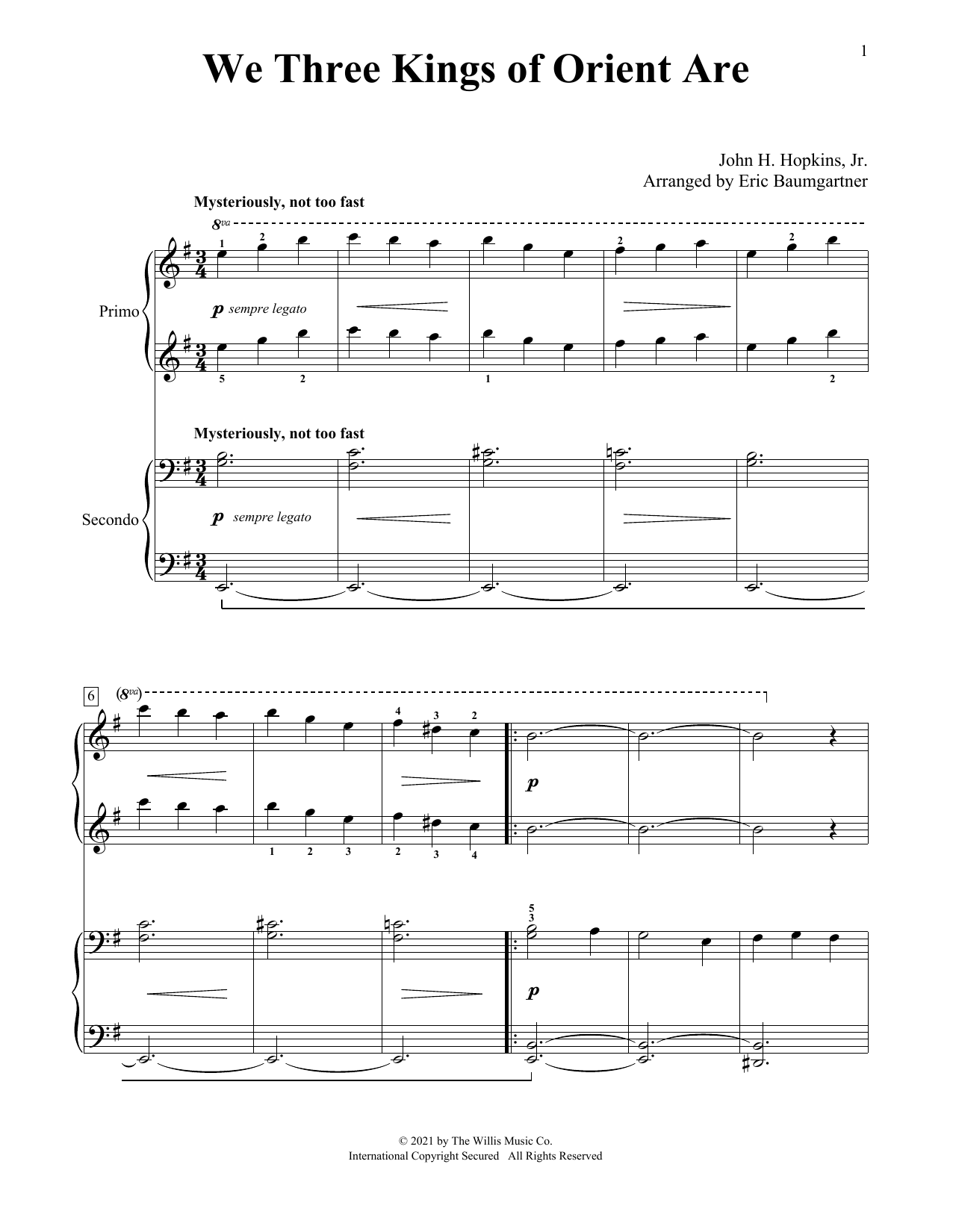 Download John H. Hopkins, Jr. We Three Kings Of Orient Are (arr. Eric Baumgartner) Sheet Music and learn how to play Piano Duet PDF digital score in minutes