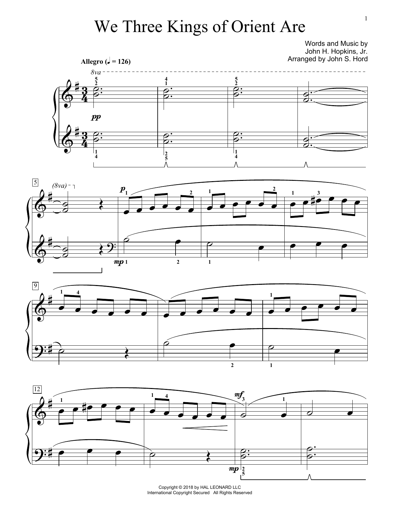 Download John H. Hopkins, Jr. We Three Kings Of Orient Are (arr. John S. Hord) Sheet Music and learn how to play Educational Piano PDF digital score in minutes