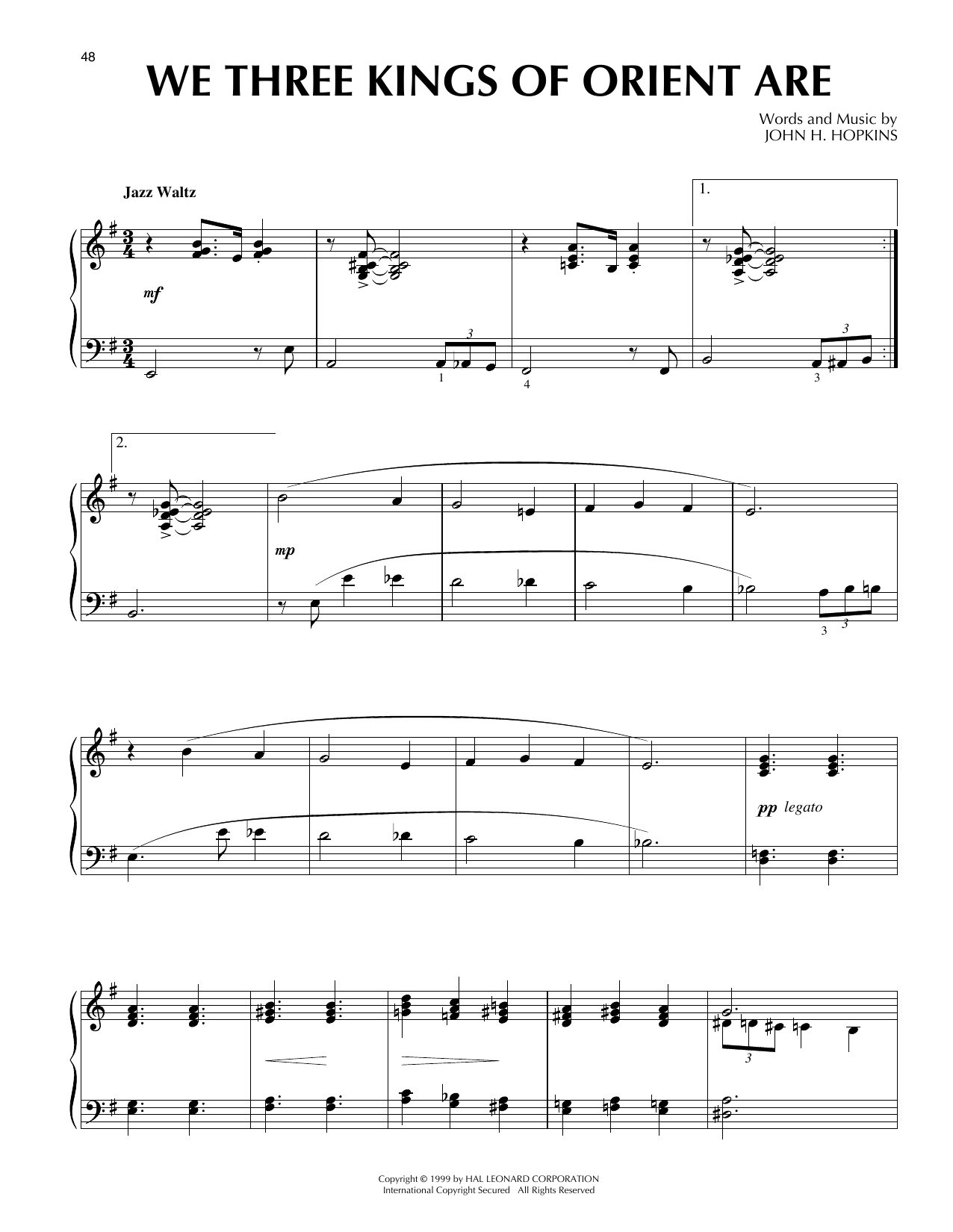 Download John H. Hopkins, Jr. We Three Kings Of Orient Are [Jazz version] (arr. Frank Mantooth) Sheet Music and learn how to play Piano Solo PDF digital score in minutes