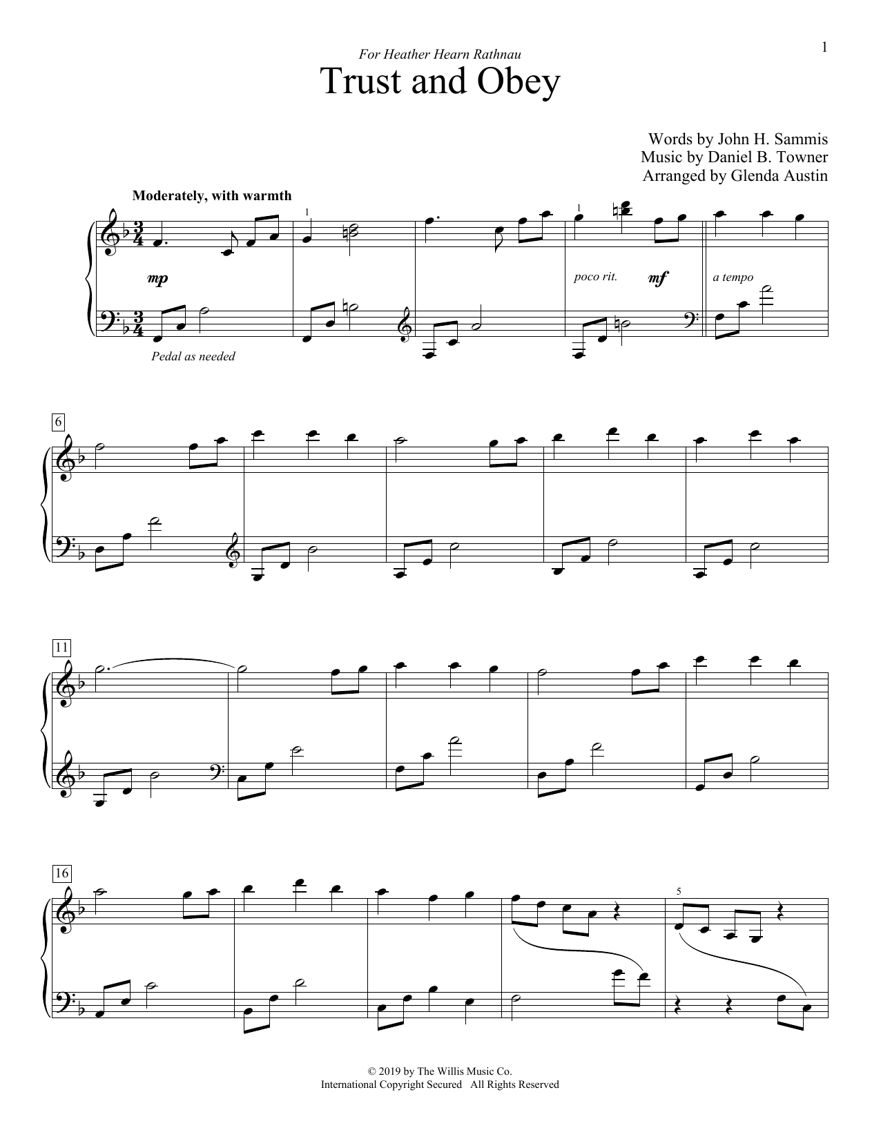 Download John H. Sammis Trust And Obey (arr. Glenda Austin) Sheet Music and learn how to play Educational Piano PDF digital score in minutes