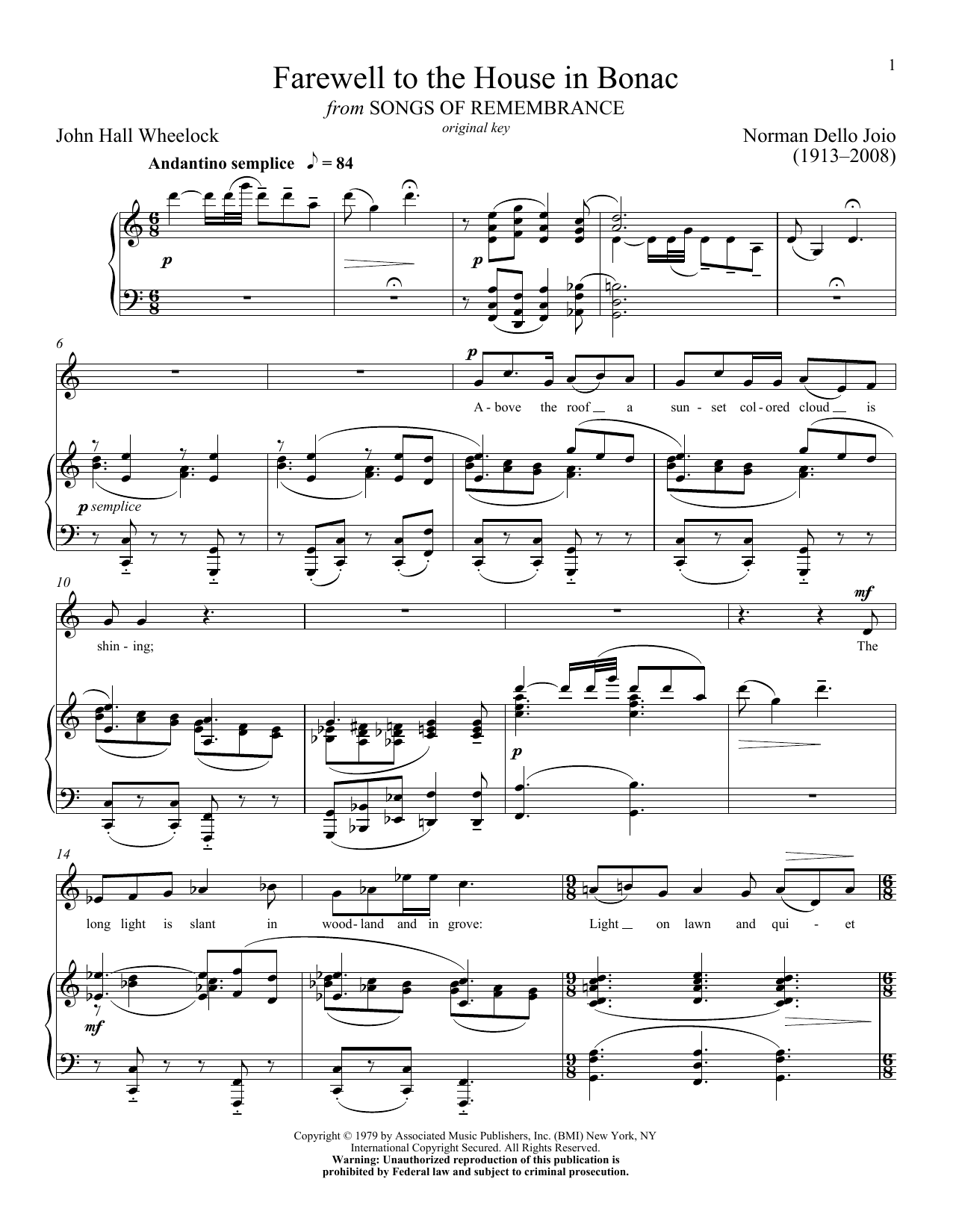 Download Norman Dello Joio Farewell To The House In Bonac Sheet Music and learn how to play Piano & Vocal PDF digital score in minutes