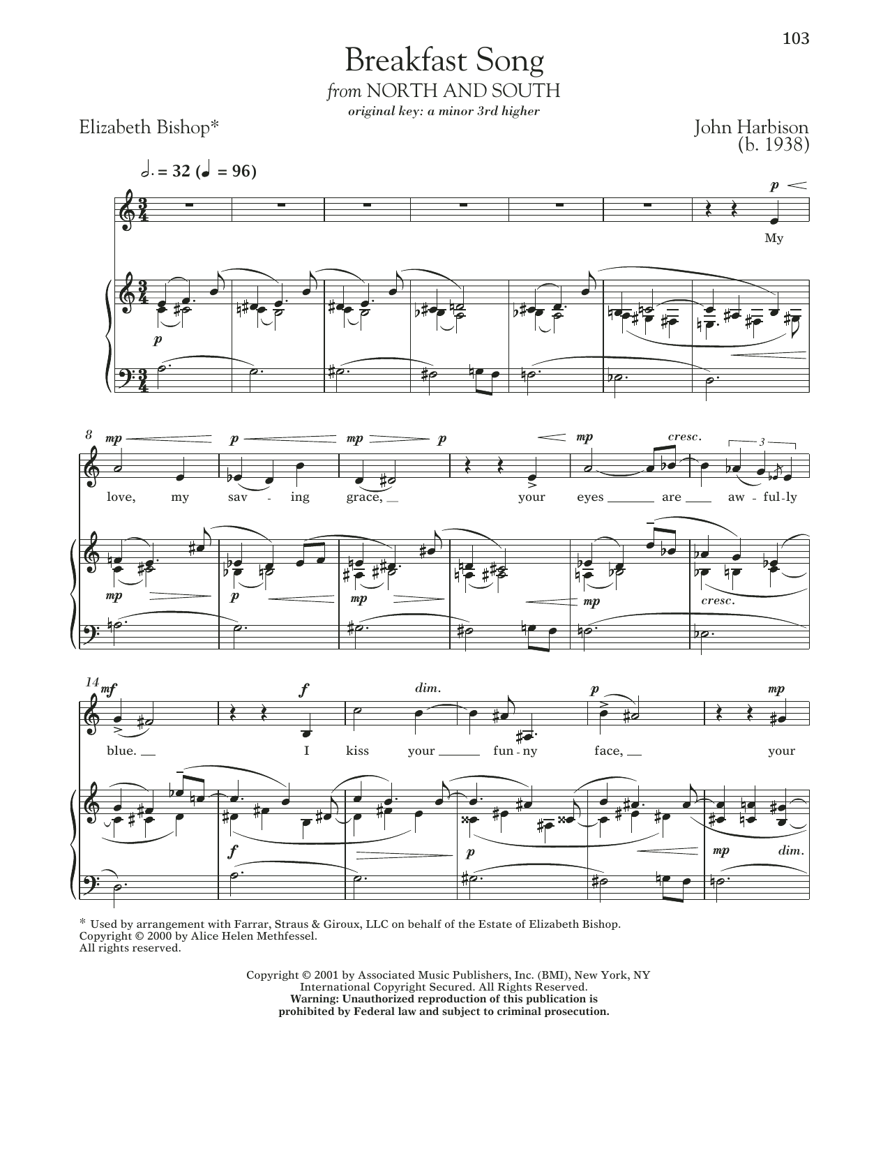 Download John Harbison Breakfast Song Sheet Music and learn how to play Piano & Vocal PDF digital score in minutes