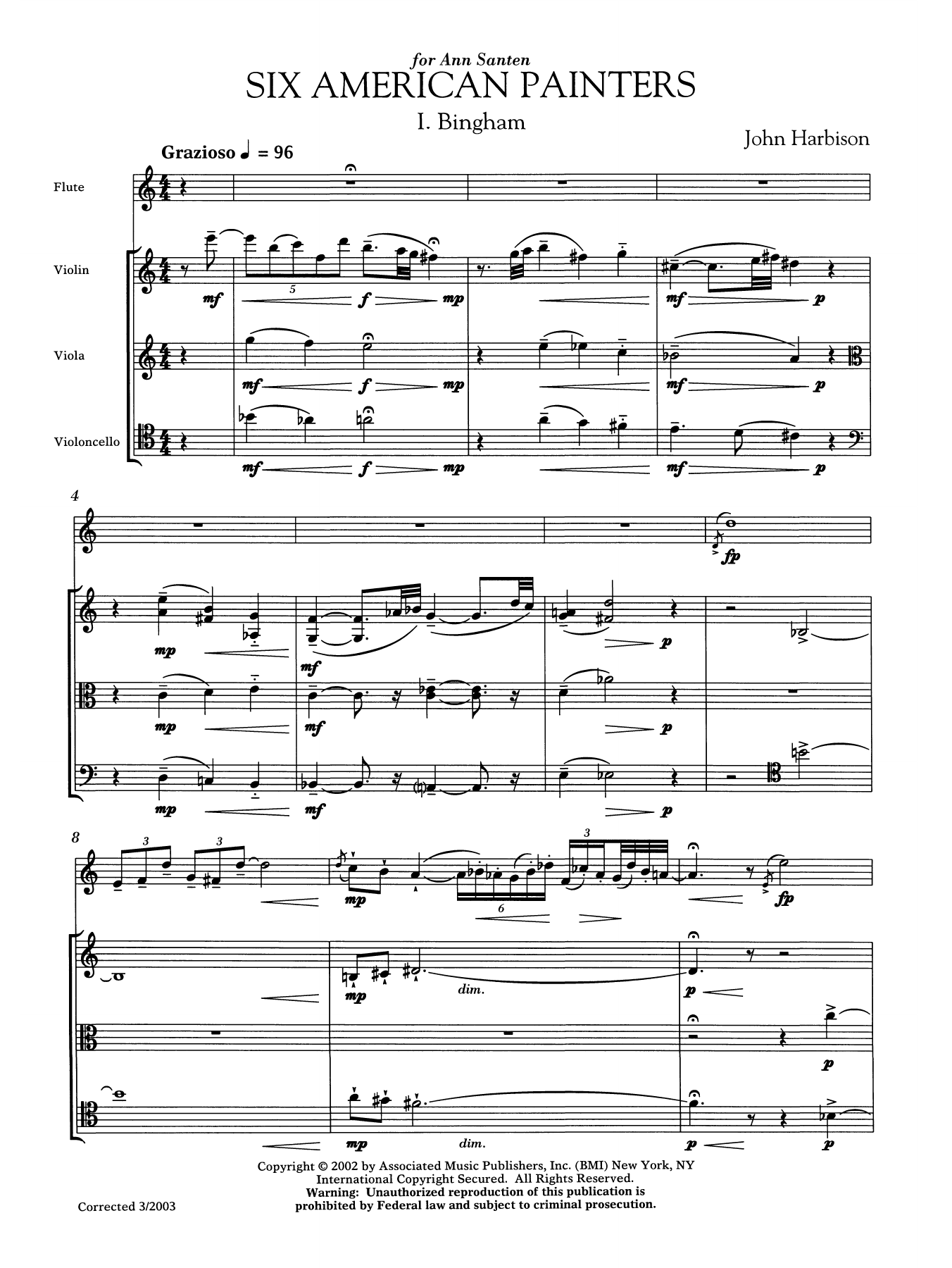 Download John Harbison Six American Painters (flute version) Sheet Music and learn how to play Chamber Group PDF digital score in minutes