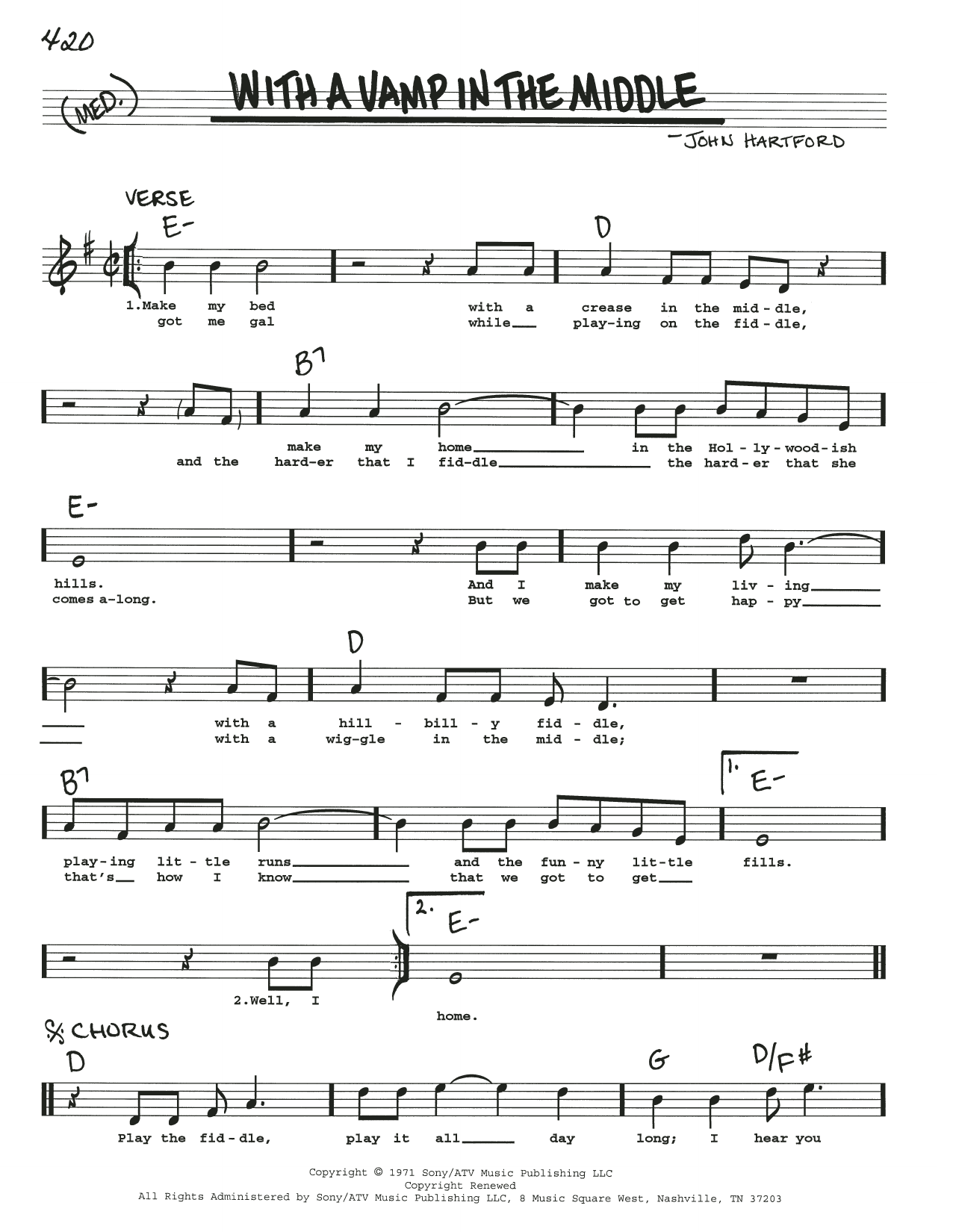 Download John Hartford With A Vamp In The Middle Sheet Music and learn how to play Real Book – Melody, Lyrics & Chords PDF digital score in minutes
