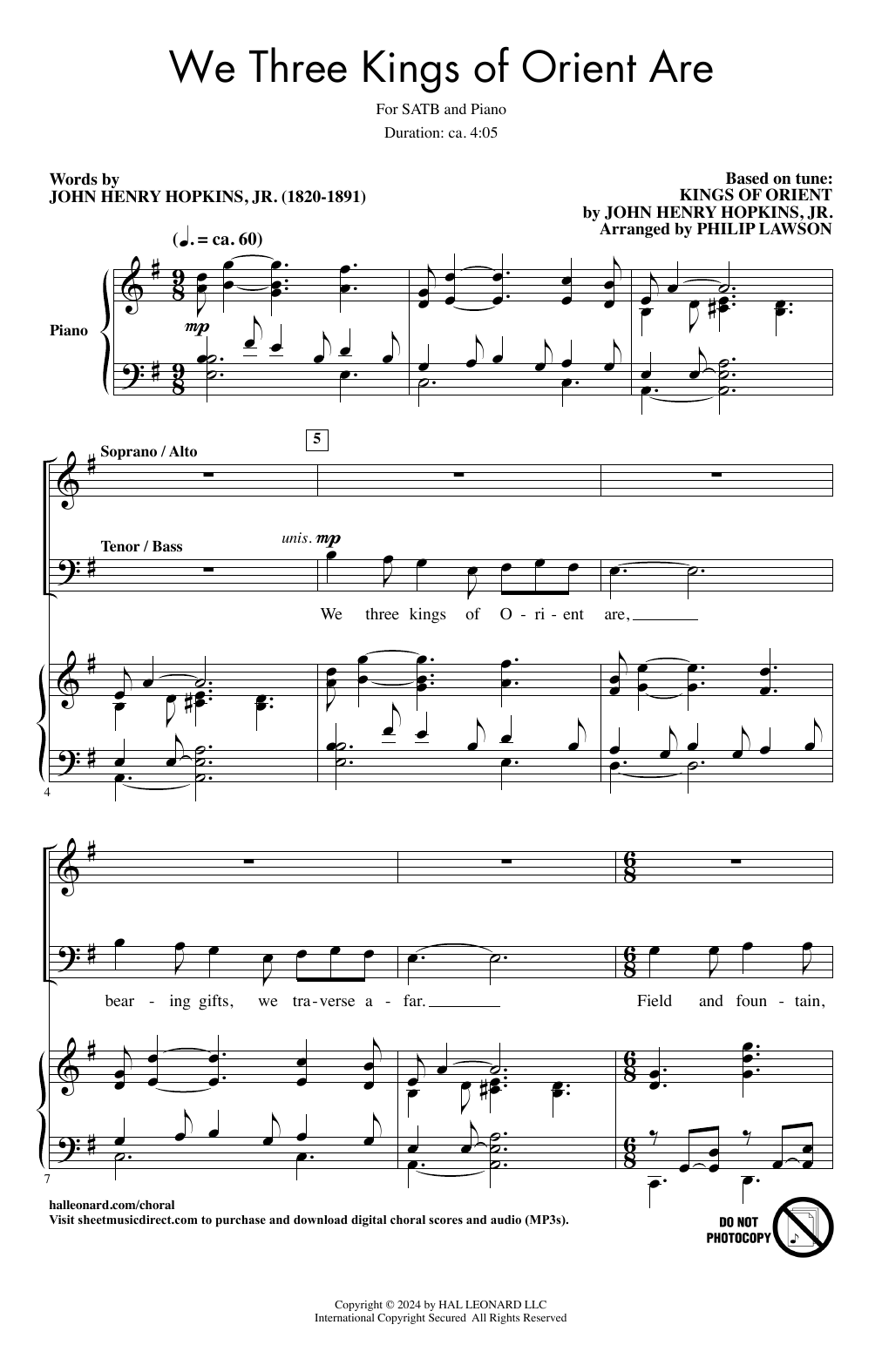 Download John Henry Hopkins, Jr. We Three Kings Of Orient Are (arr. Philip Lawson) Sheet Music and learn how to play SATB Choir PDF digital score in minutes