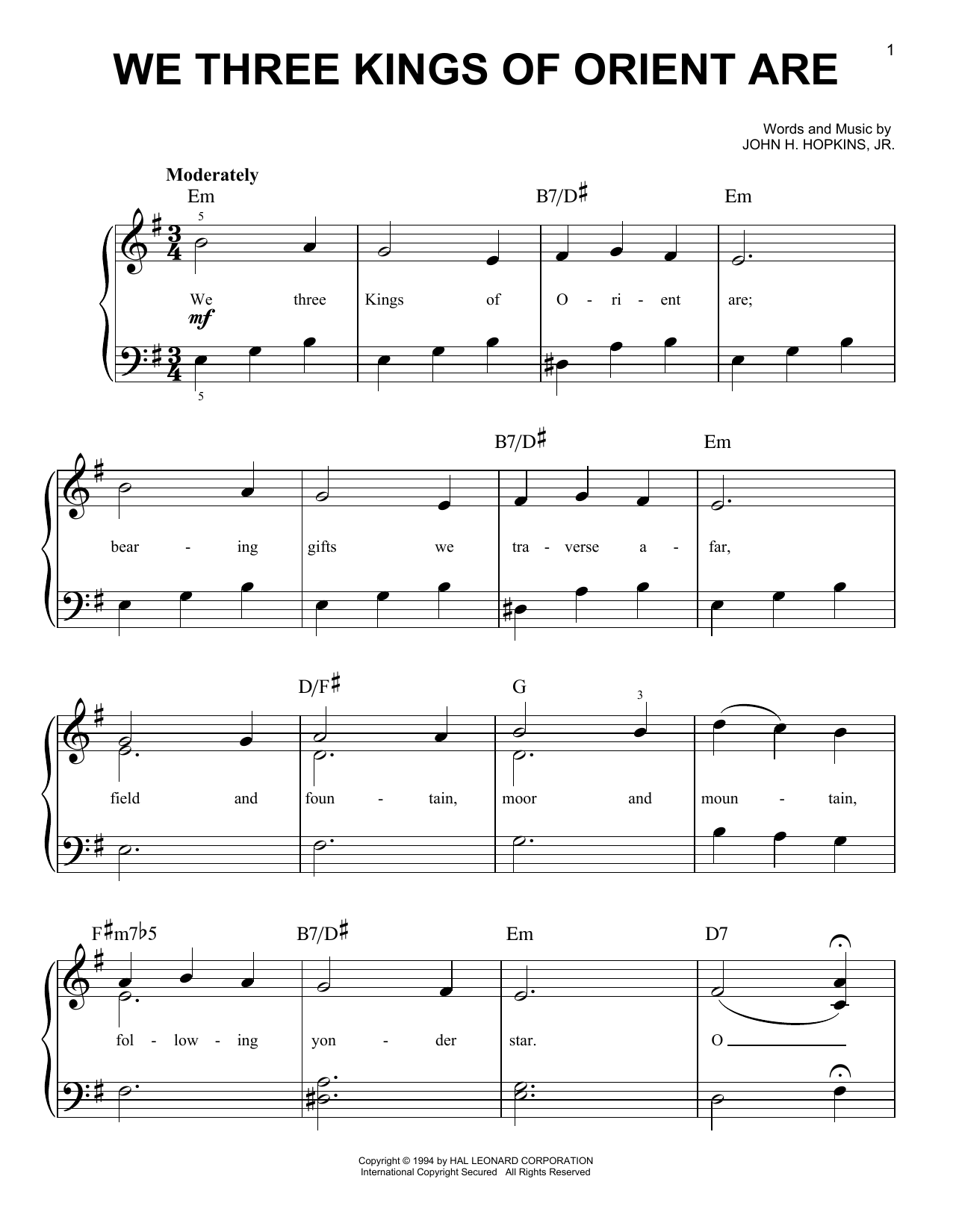 Download John H. Hopkins, Jr. We Three Kings Of Orient Are Sheet Music and learn how to play Easy Piano PDF digital score in minutes