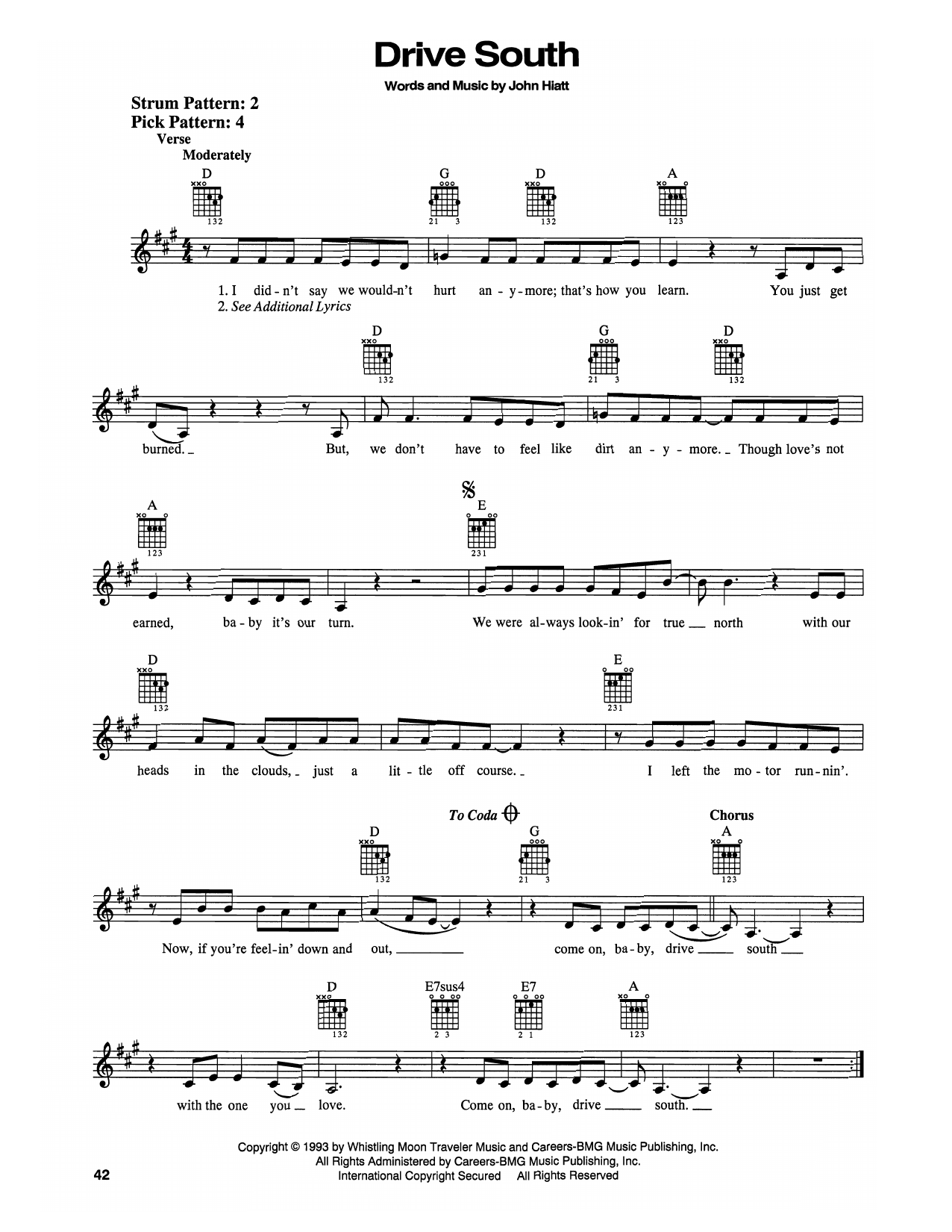 Download John Hiatt Drive South Sheet Music and learn how to play Easy Guitar PDF digital score in minutes