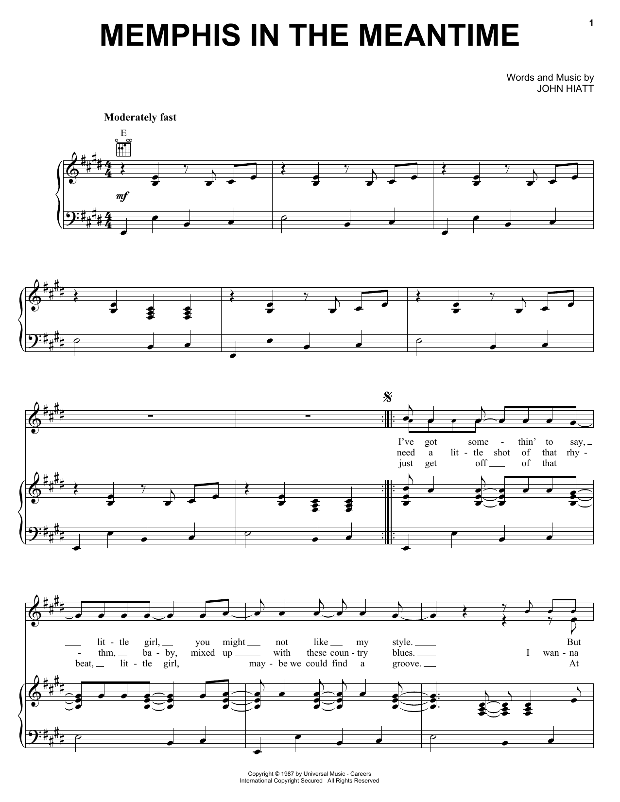 Download John Hiatt Memphis In The Meantime Sheet Music and learn how to play Lyrics & Chords PDF digital score in minutes