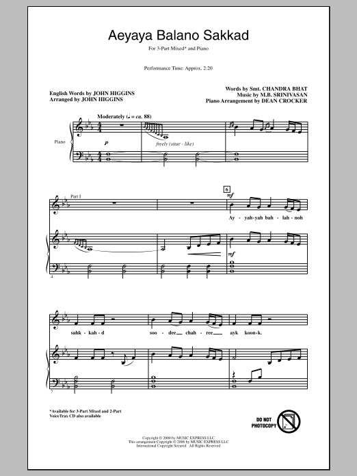 Download John Higgins Aeyaya Balano Sakkad Sheet Music and learn how to play 3-Part Mixed PDF digital score in minutes