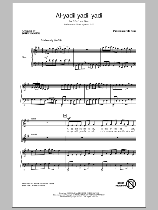 Download Traditional Al-Yadil Yadil Yadi (arr. John Higgins) Sheet Music and learn how to play 3-Part Mixed PDF digital score in minutes