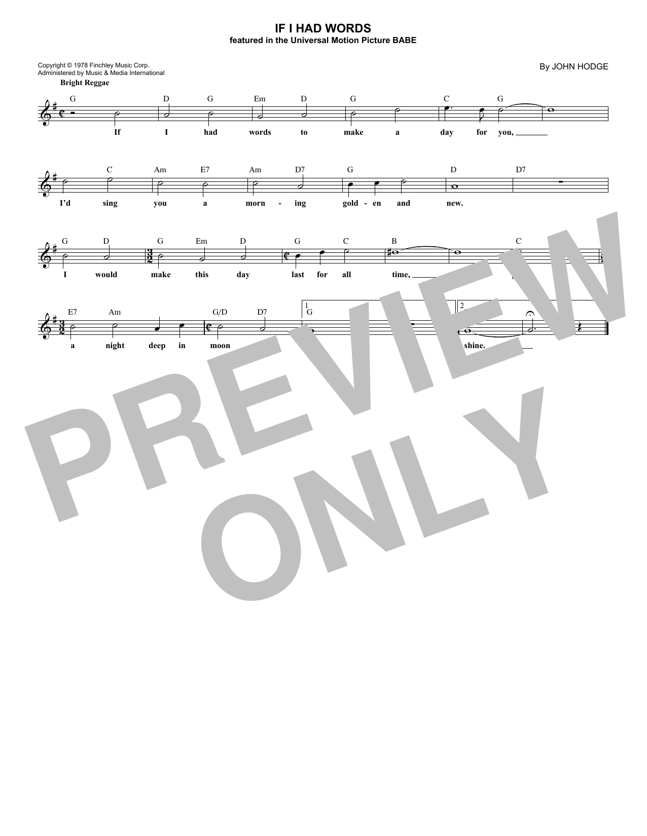 Download John Hodge If I Had Words Sheet Music and learn how to play Melody Line, Lyrics & Chords PDF digital score in minutes
