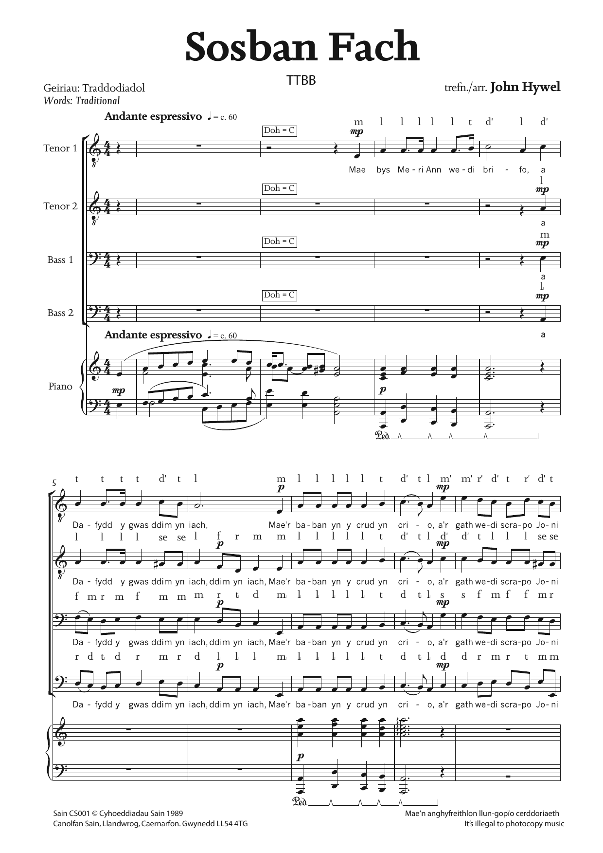 Download John Hywel Sosban Fach Sheet Music and learn how to play TTBB PDF digital score in minutes