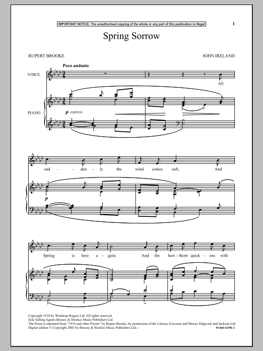 Download John Ireland Spring Sorrow Sheet Music and learn how to play Piano & Vocal PDF digital score in minutes