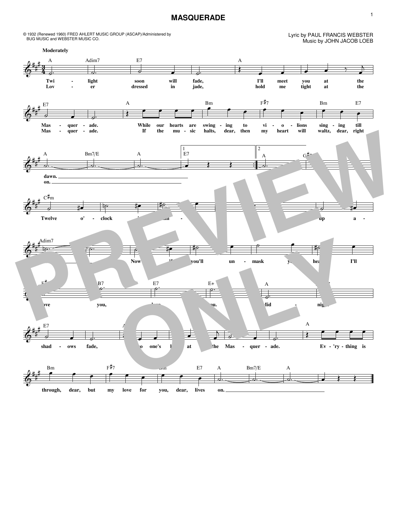 Download John Jacob Loeb Masquerade Sheet Music and learn how to play Melody Line, Lyrics & Chords PDF digital score in minutes