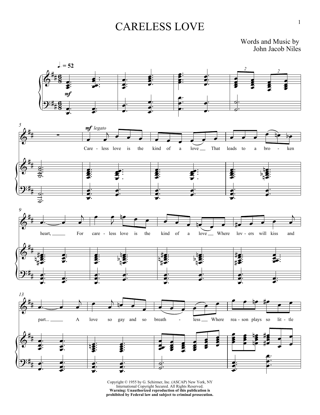 Download John Jacob Niles Careless Love Sheet Music and learn how to play Piano & Vocal PDF digital score in minutes
