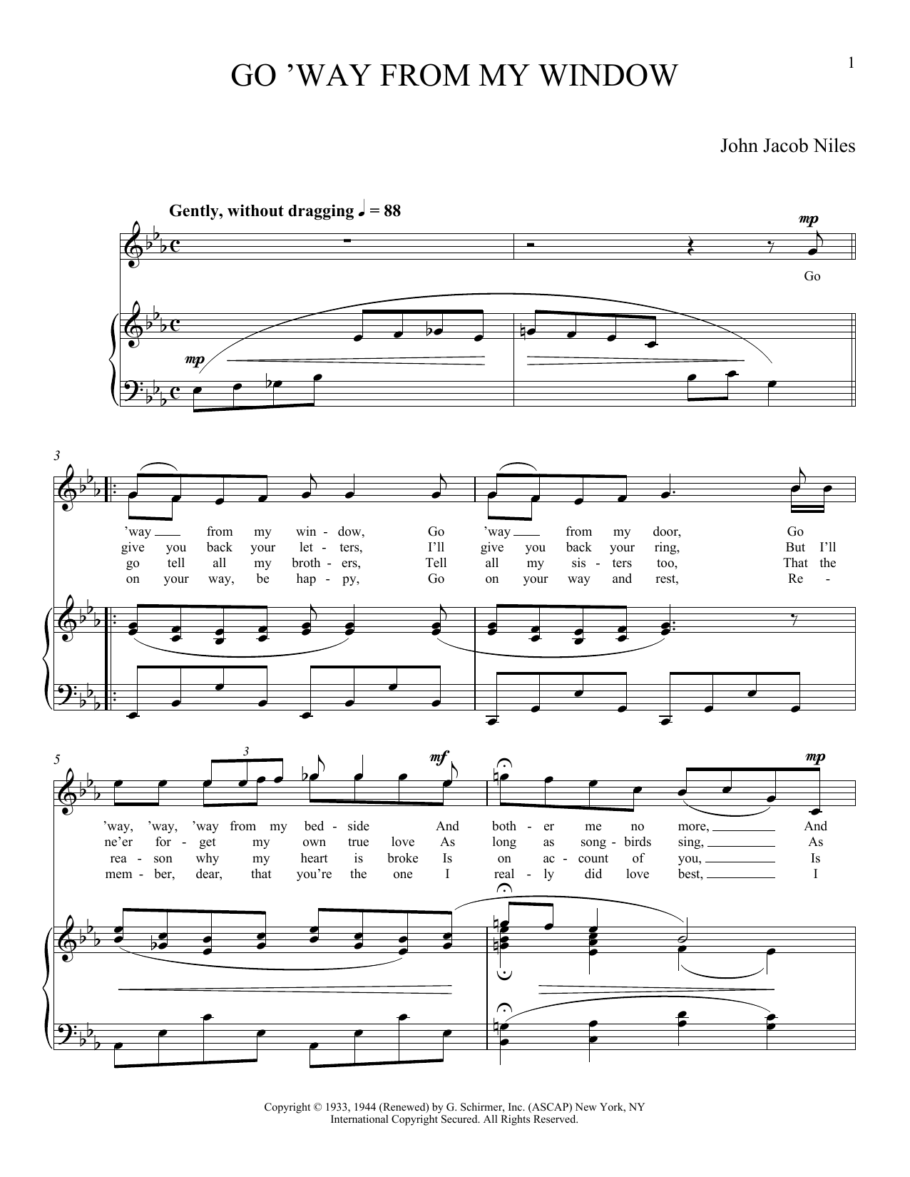 Download John Jacob Niles Go 'Way From My Window Sheet Music and learn how to play Piano & Vocal PDF digital score in minutes