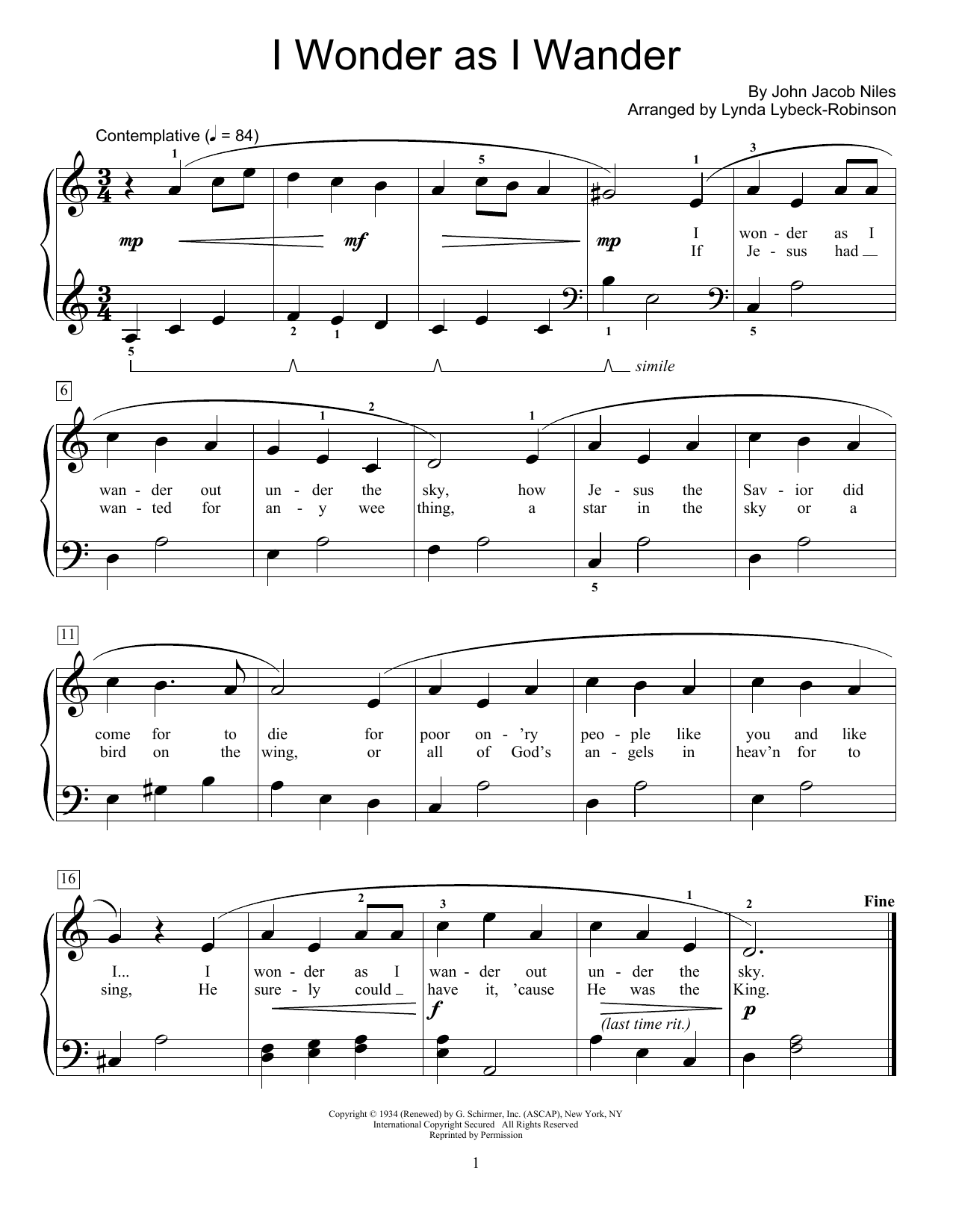 Download John Jacob Niles I Wonder As I Wander (arr. Lynda Lybeck-Robinson) Sheet Music and learn how to play Educational Piano PDF digital score in minutes
