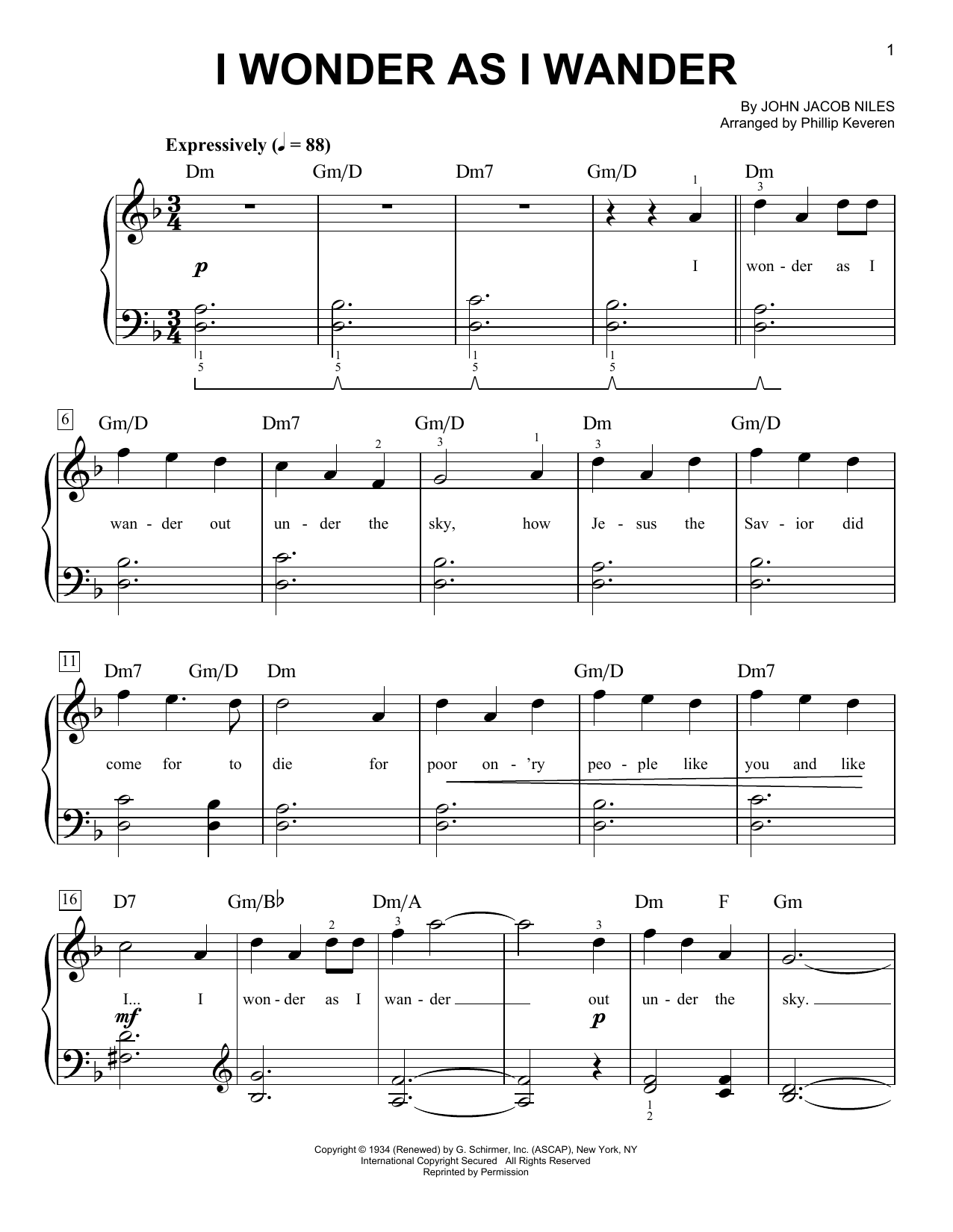 Download John Jacob Niles I Wonder As I Wander (arr. Phillip Keveren) Sheet Music and learn how to play Easy Piano PDF digital score in minutes