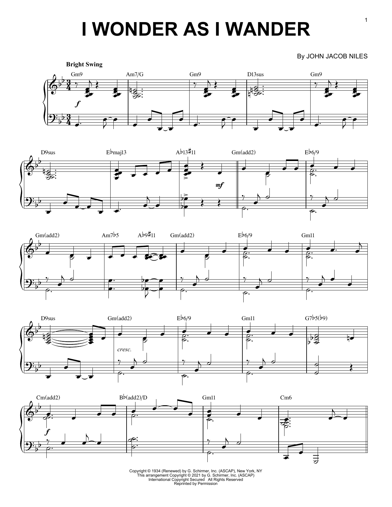 Download John Jacob Niles I Wonder As I Wander [Jazz version] (arr. Brent Edstrom) Sheet Music and learn how to play Piano Solo PDF digital score in minutes