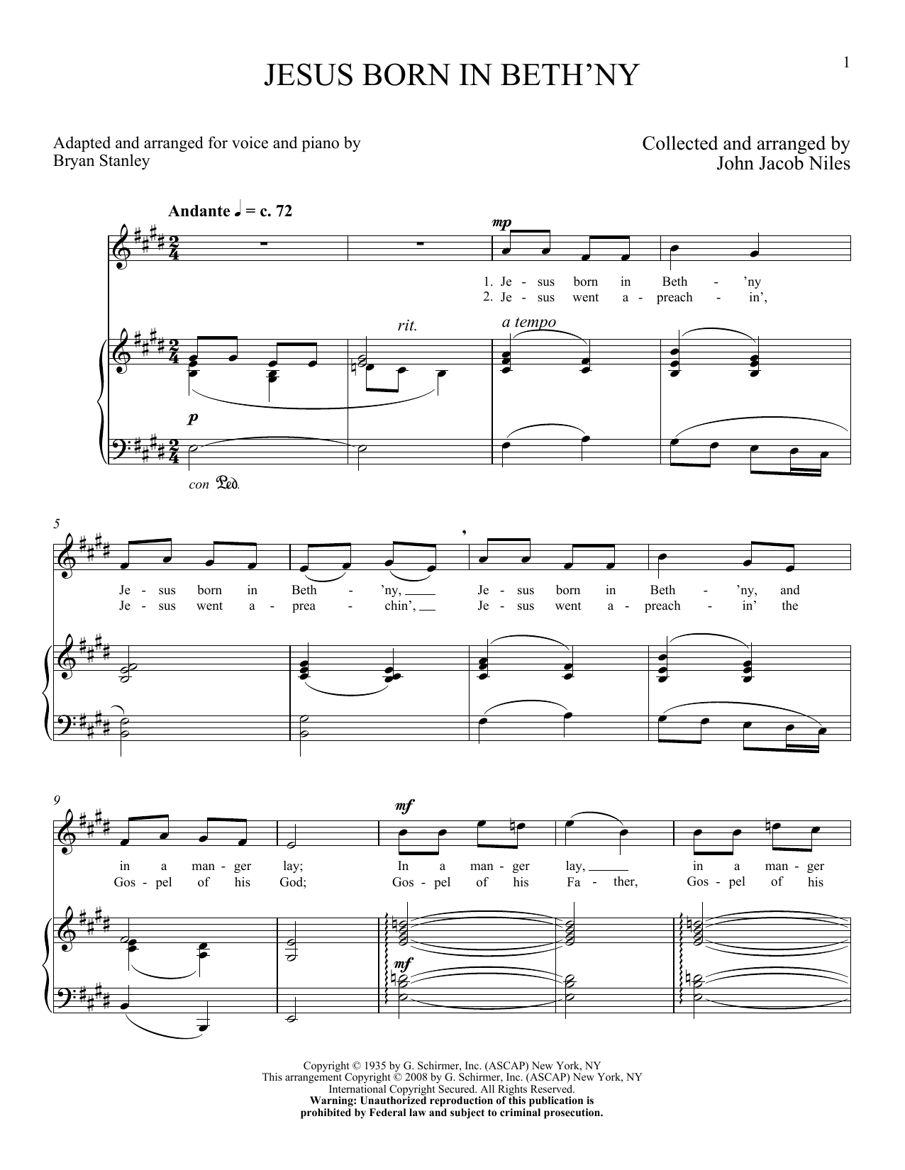 Download John Jacob Niles Jesus Born In Beth'ny Sheet Music and learn how to play Piano & Vocal PDF digital score in minutes