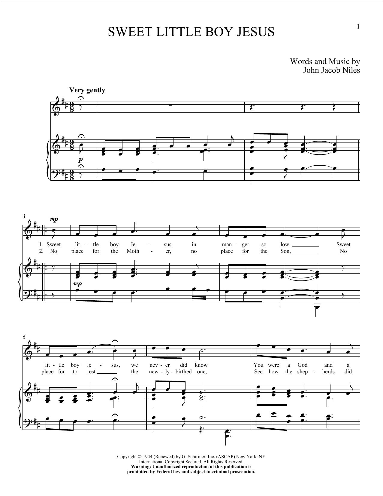 Download John Jacob Niles Sweet Little Boy Jesus Sheet Music and learn how to play Piano & Vocal PDF digital score in minutes