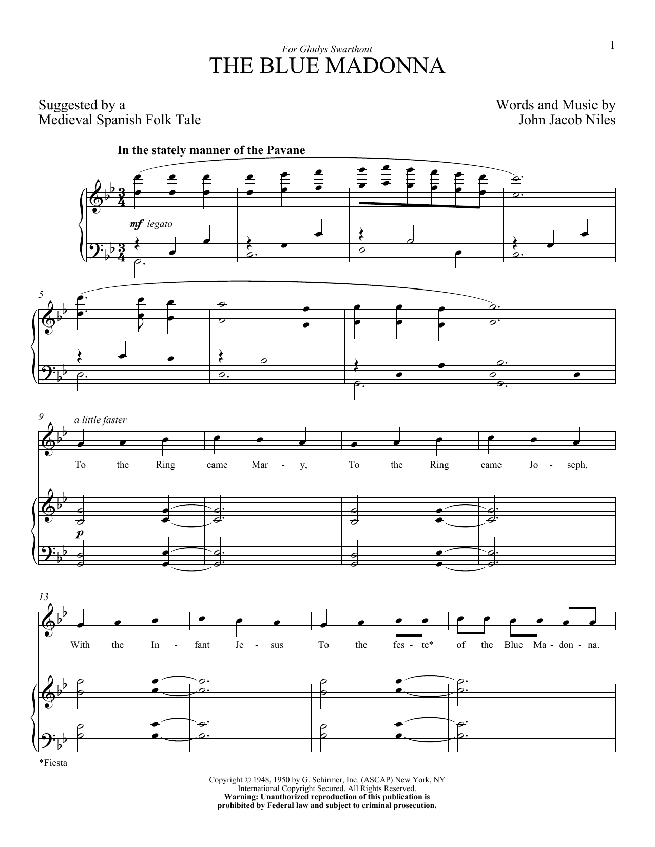 Download John Jacob Niles The Blue Madonna Sheet Music and learn how to play Piano & Vocal PDF digital score in minutes