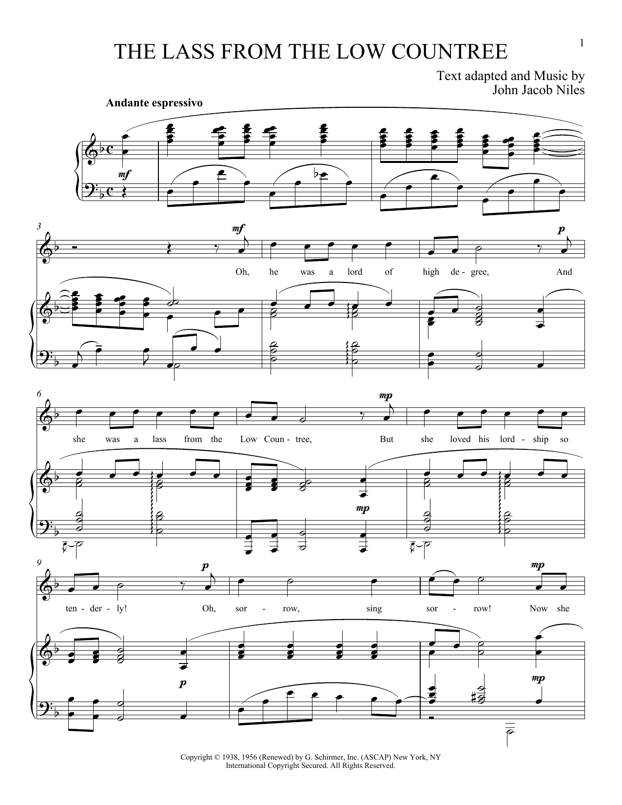 Download John Jacob Niles The Lass From The Low Countree Sheet Music and learn how to play Piano & Vocal PDF digital score in minutes