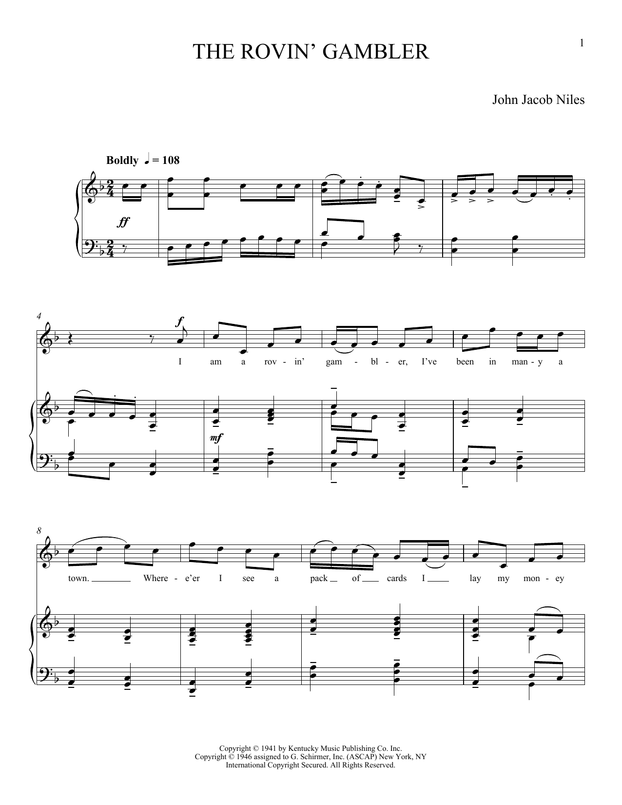 Download John Jacob Niles The Rovin' Gambler Sheet Music and learn how to play Piano & Vocal PDF digital score in minutes